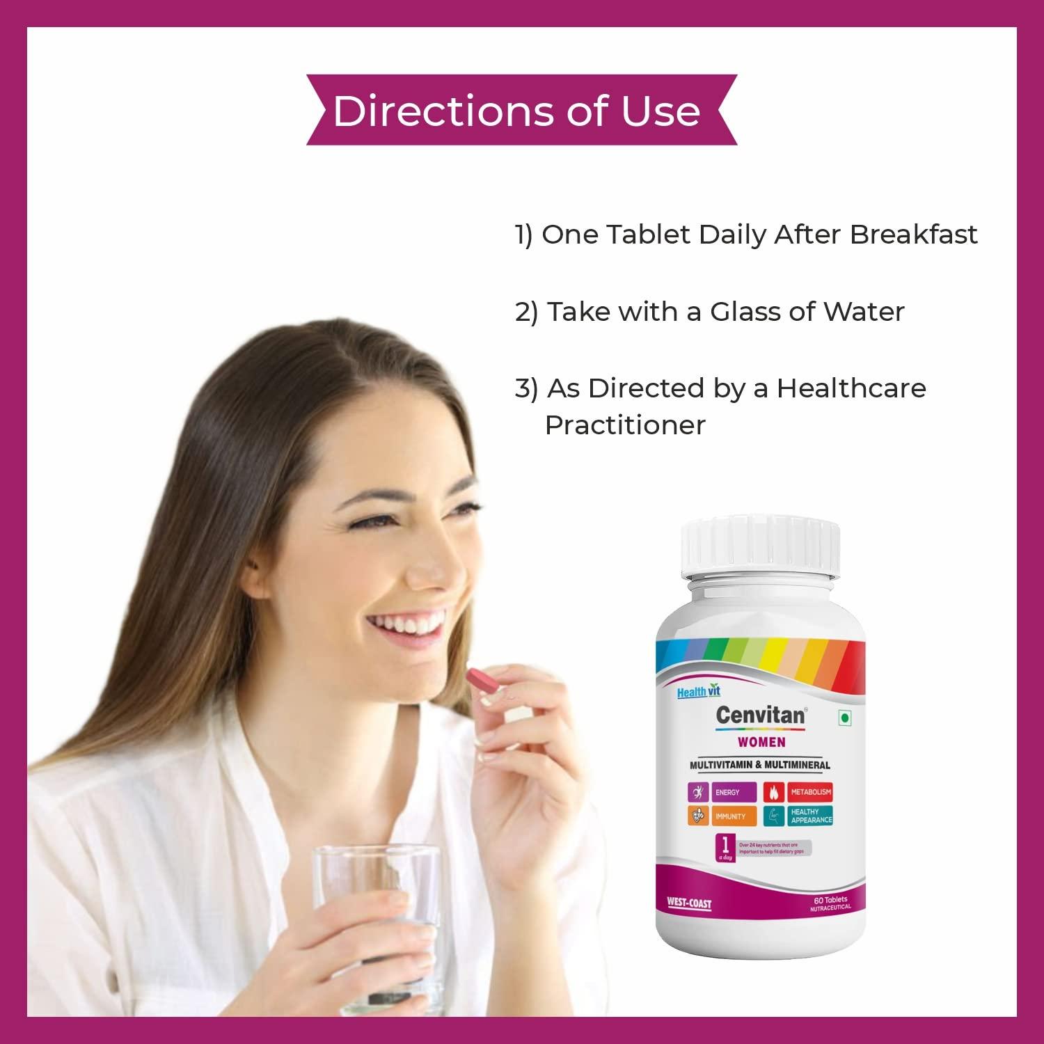 HealthVit Healthvit Cenvitan Multivitamin for Women - 60 Tablets with 24 Nutrients | Women Daily Nutrition, Stamina Enhancement, Hair, Skin, and Nails | Bone Health, Vitality, Energy Boost, Immunity (Pack of 2)