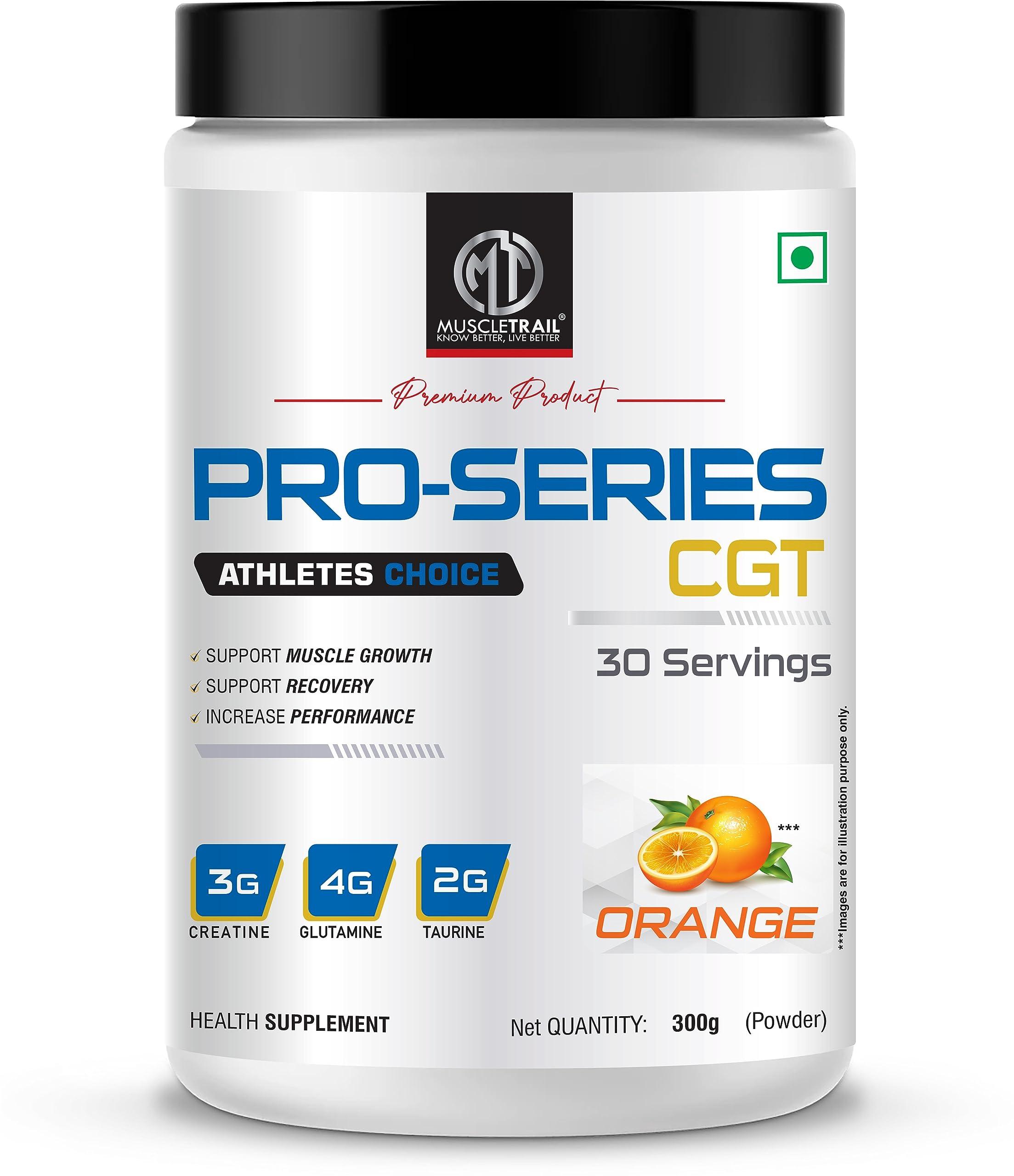 MuscleTrail Muscle Trail Pro Series CGT | Health Supplement Powder | 300g, 30 servings (Orange) | 3g Creatine, 4g Glutamine, 2g Taurine |