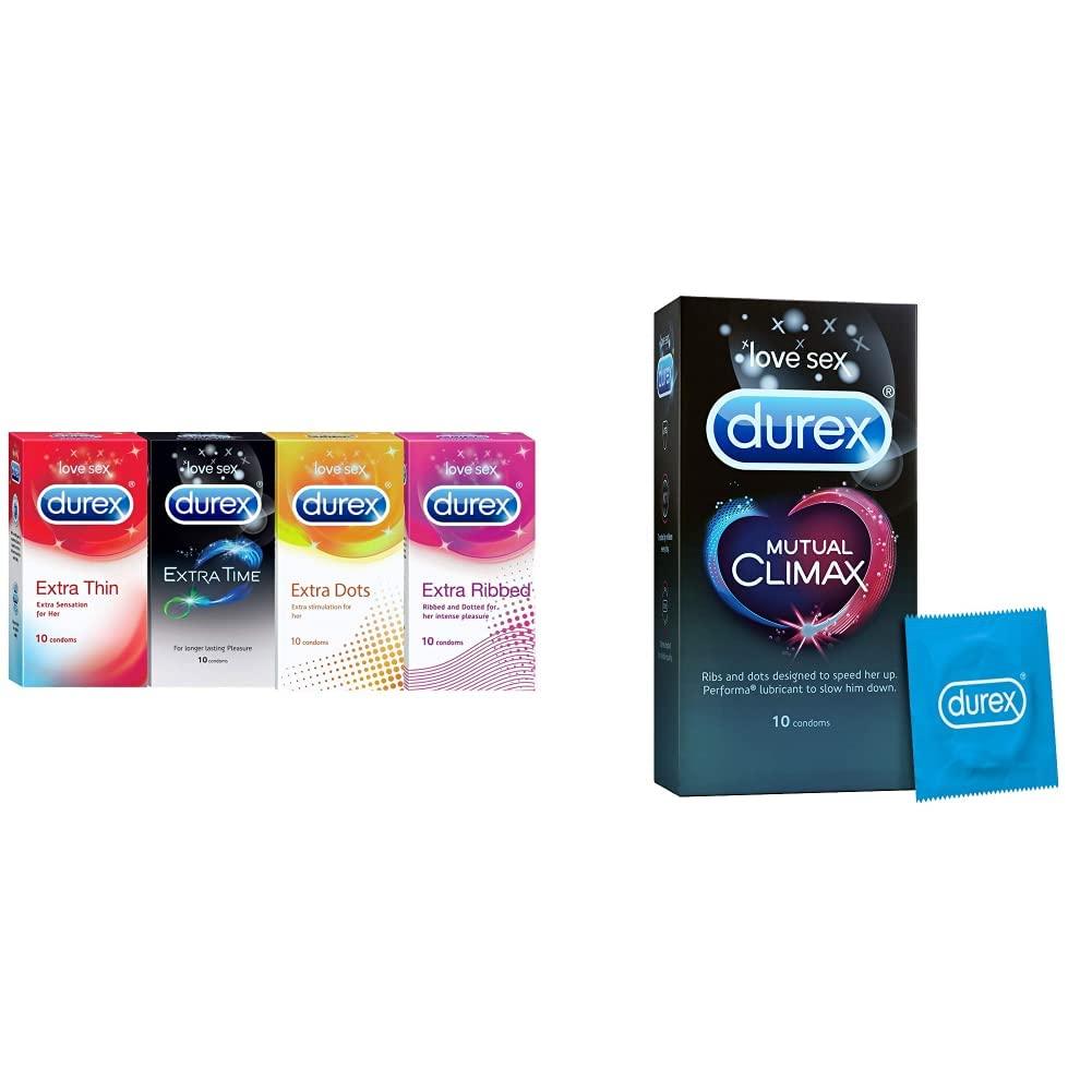 Durex Durex Pleasure Packs - 10 Count (Pack of 4, Extra Thin, Extra Time, Extra Dots, Extra Ribbed) & Durex Mutual Climax Condoms - 10 Count
