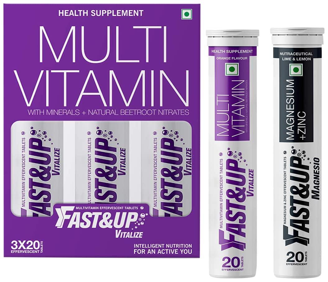 FAST&UP Fast&Up Vitalize Multivitamin Supplement 21 Vitamins And Minerals - 60 Tablets & Fast&Up Magnesio - Magnesium and Zinc for Muscle Health and Stress - 20 Effervescent Tablets - Lime and Lemon Flavor