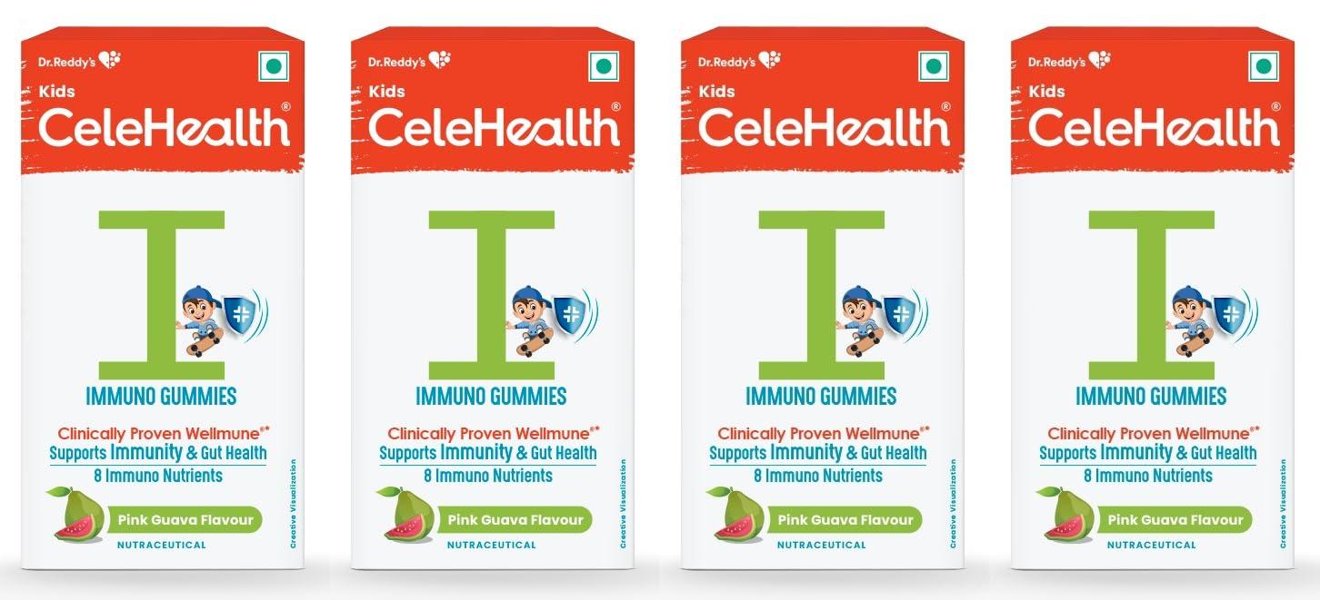 Celehealth Dr. Reddy's CeleHealth Kidz Immuno Plus - 30 Gummies | Pink Guava with Wellmune, Vitamin C & Zinc to support child's immunity (Pack of 4)