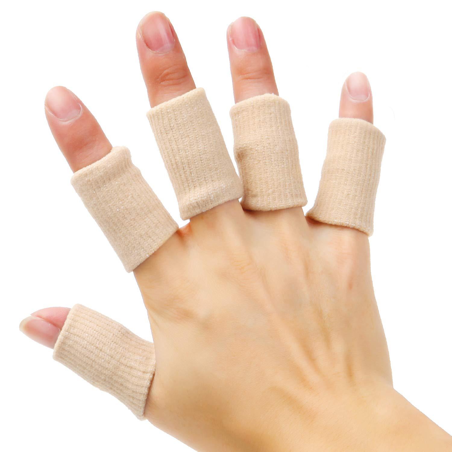 Senkary Senkary 20 Pieces Finger Sleeves Protectors Thumb Brace Support Elastic Compression Protector for Relieving Pain, Arthritis,Trigger Finger, Sports (Beige)