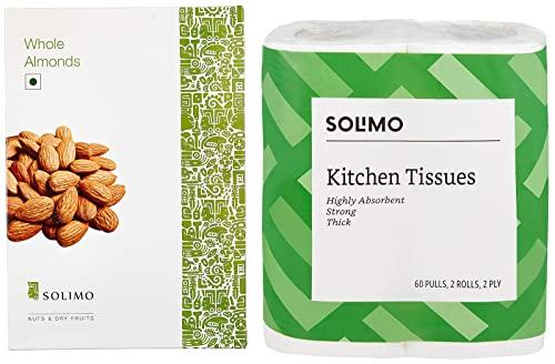 Amazon Brand - Solimo Amazon Brand - Solimo Almonds, 250g,Raw & Amazon Brand - Solimo 2 Ply Kitchen Tissue/Towel Paper Roll - 2 Rolls (60 Pulls Per Roll)