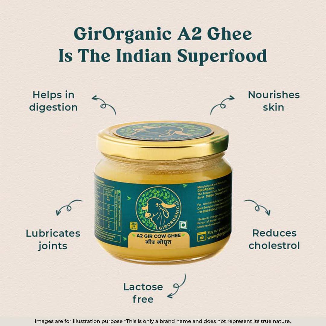 GirOrganic GirOrganic A2 Pure Ghee - 250 millilitre Glass Bottle | 100% Gir Cow Ghee | Vedic Bilona Method | Grassfed, Cultured, Premium & Traditional Ghee | Immunity Booster