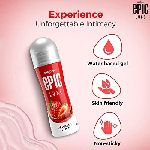 Manforce Epic Lube, Strawberry Flavoured Lubrication Gel for Men & Women, Water-Based Gel, Skin-Friendly, Safe to Use with Condoms, 60ml x 4