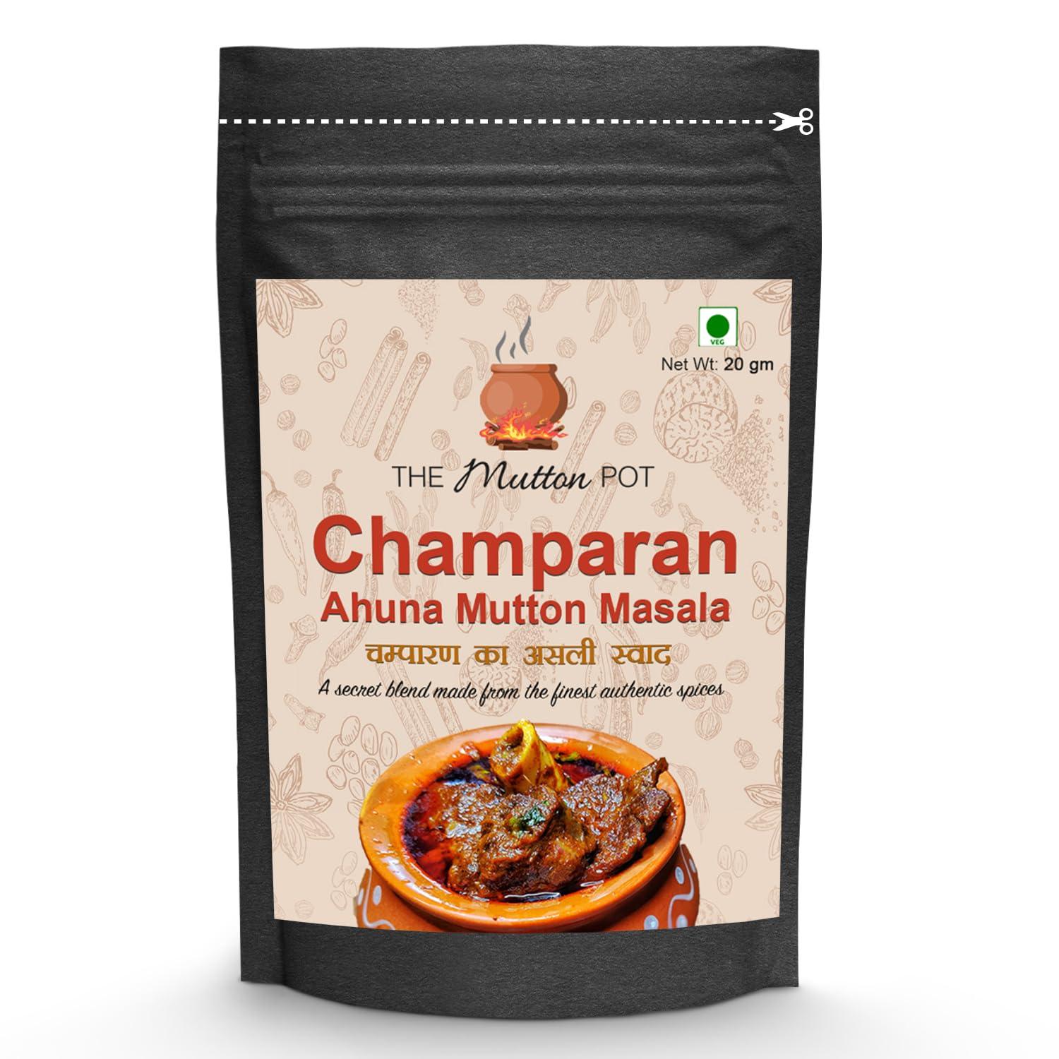 The Mutton Pot The Mutton Pot Champaran Ahuna Handi Mutton Masala 20g | No Preservatives, No Artificial Colors | Home Cooking Indian Meat Masala | Only 20g Required for 1 Kg Mutton | Shipped Fresh | Curry Mix | Bihar\'s Authentic Recipe | Easy to Cook Ahuna Mutton 