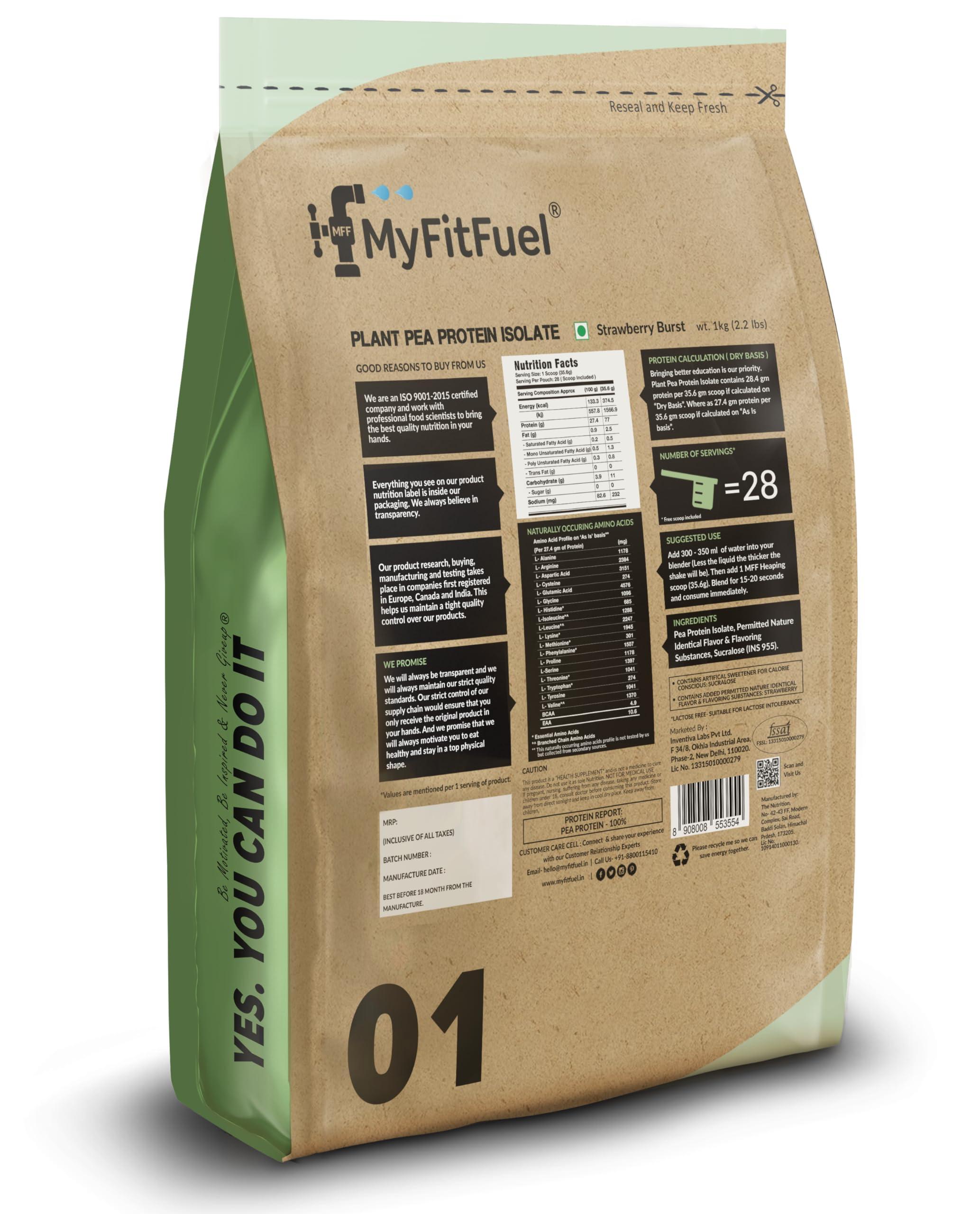 MyFitFuel MyFitFuel Clean Plant Pea Protein Isolate (27.4g Protein, 4.9g BCAA, 10.6g EAA) |Easy to Digest | Vegan Plant Protein Powder [1Kg, 28 Servings, (Strawberry Burst)]