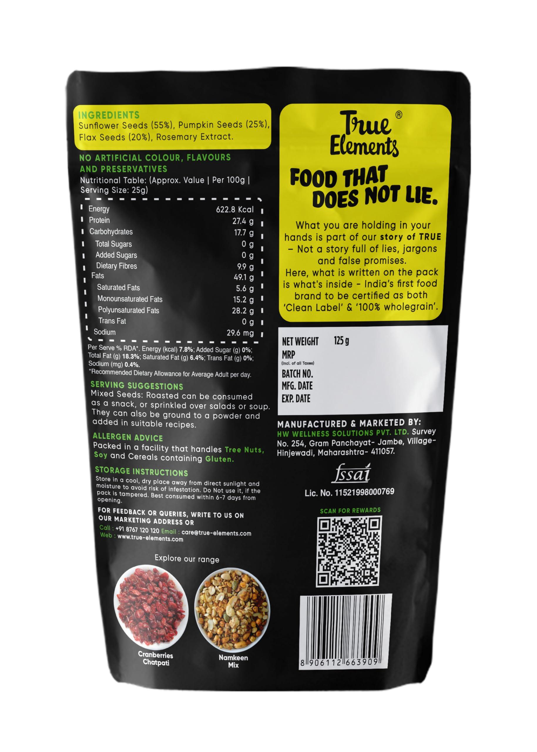 True Elements True Elements Roasted Pumpkin, Sunflower and Flax Seeds 125gm - Healthy Seeds Mix