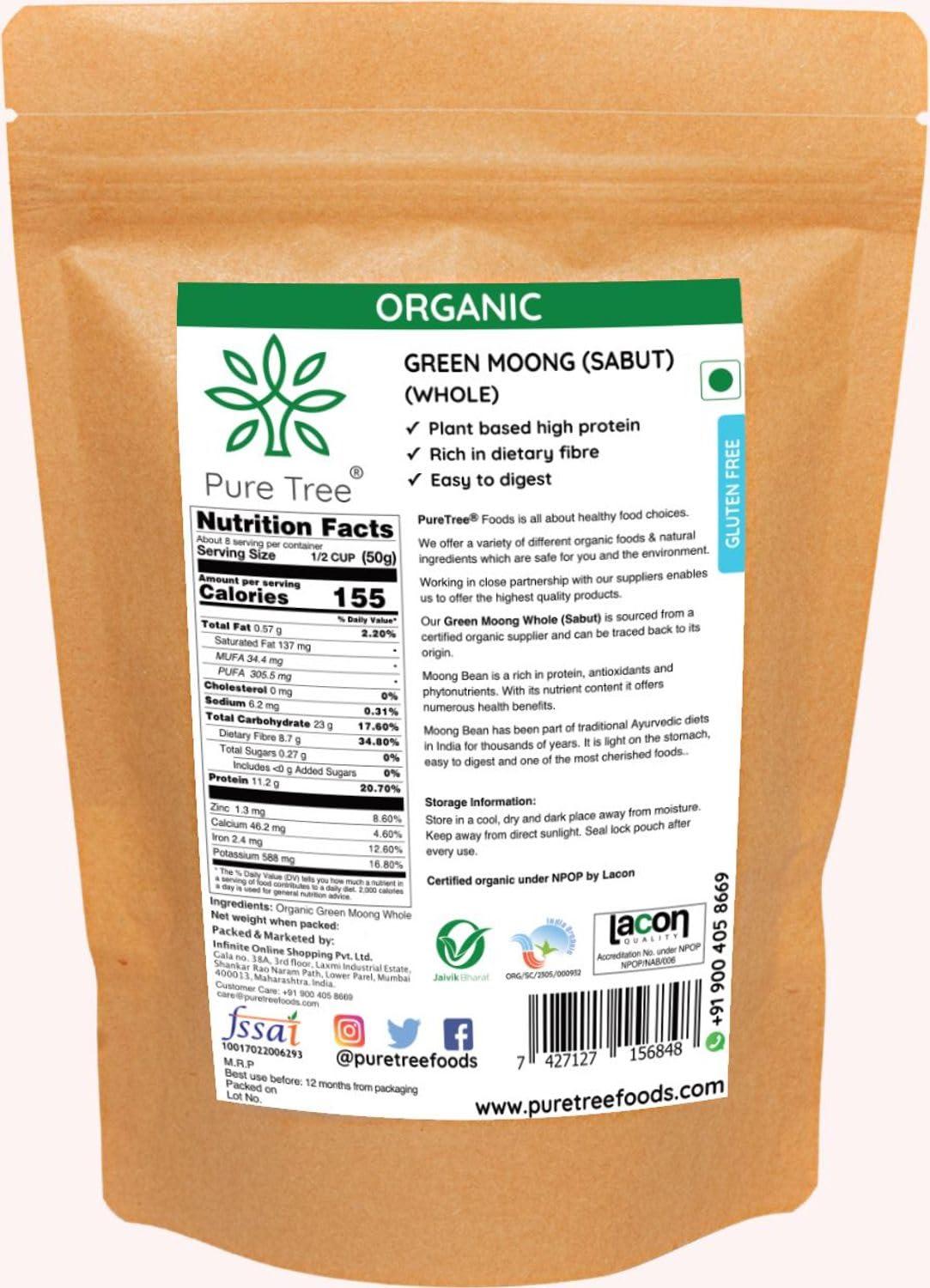 Pure Tree Pure Tree Certified Organic Green Moong Dal | 1900 g | Green Gram Whole | Whole Green Moong Dal High In Fiber & Protein | Hara Moong Sabut Hesaru Kalu Mung Whole