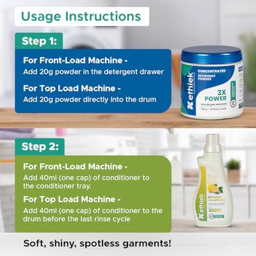 ETHIEK Ethiek Concentrated Detergent Powder (400g) & Fabric Conditioner (0.5L), Natural & Organic Detergent with 3X Power for Tough Stains and After Wash Fabric Softener, For Top & Front Load Machine - Combo