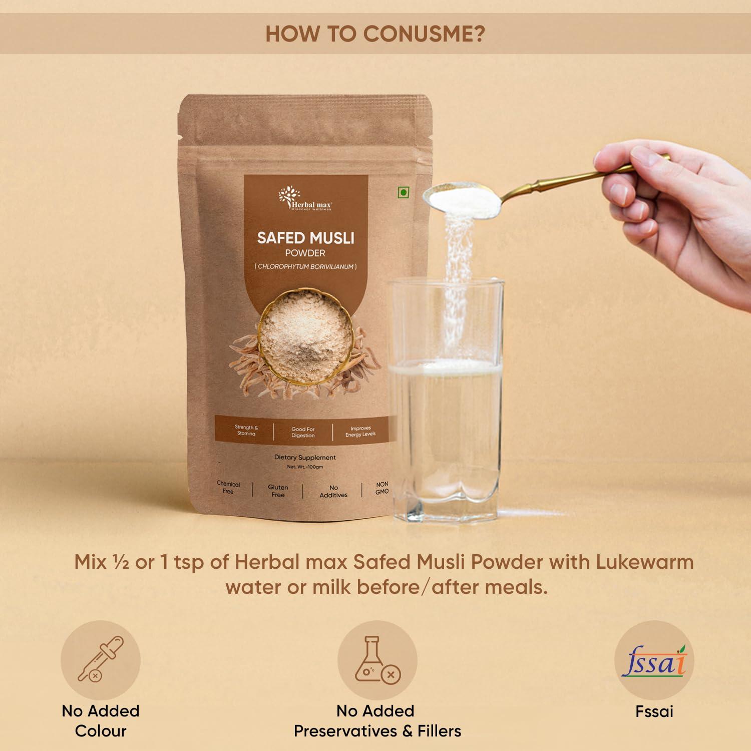 Herbal max Herbal max Organic Safed Musli Root Powder - 100 gm | Ayurvedic Support for Vitality & Performance | Herbal Supplement | Strength & Stamina