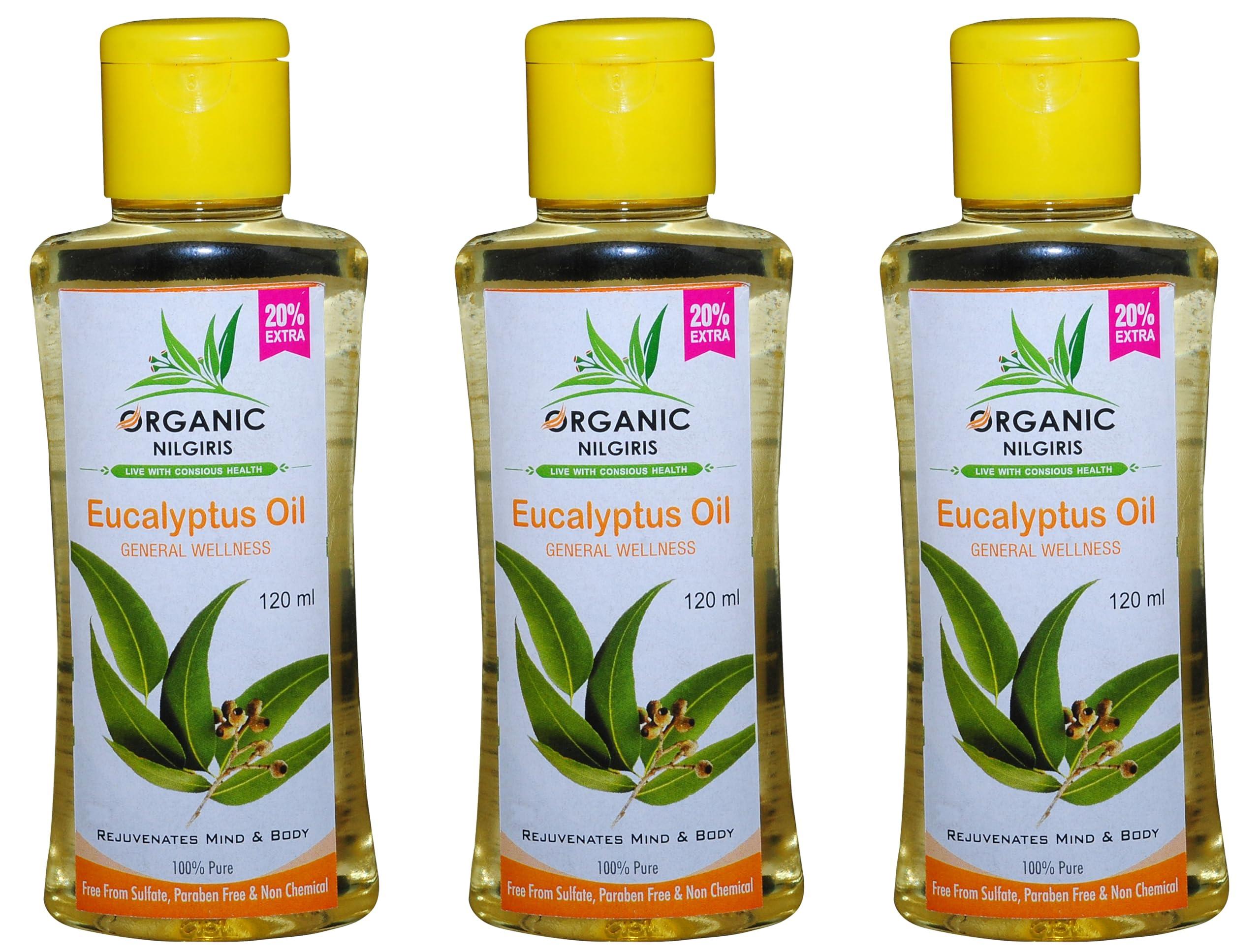 ORGANIC NILGIRIS - Live with Radiant Heath Organic Nilgiris Pure, cold-pressed Natural eucalyptus oil from the Nilgiri region: Pure Refreshing Eucalyptus oil for comfort and relaxation Aroma for Cold Cough wellness Support, Steam Inhalation, Aromatherapy, and Diffuser Bliss-(120ml-3p)