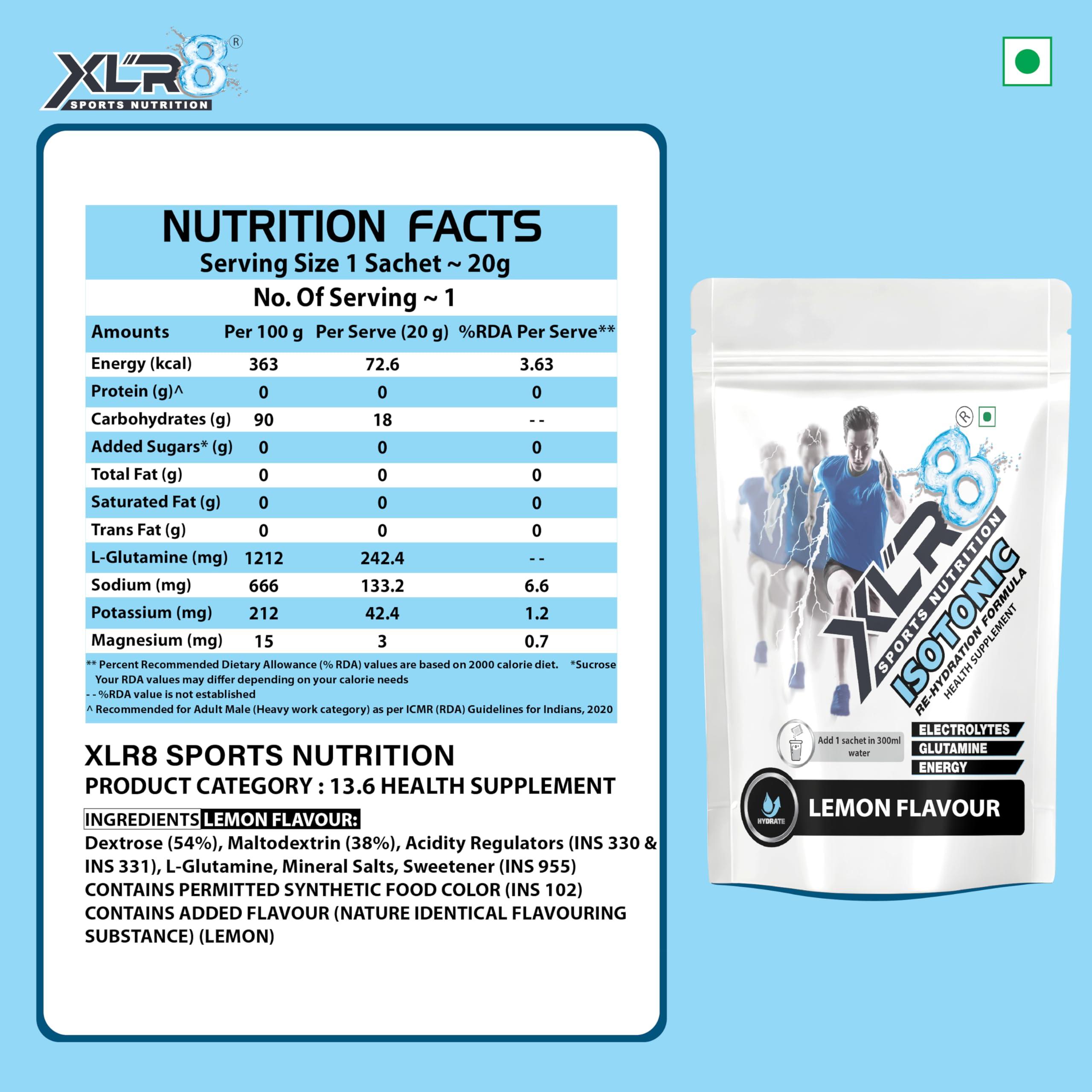 XLR8 XLR8 Isotonic Instant Energy Drink, Electrolyte Powder, Rehydration Formula for Extended Workouts (Lemon Flavour, Pack of 15)