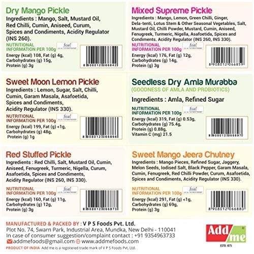 Add me Add Me 6 In1 Combo Pickle Mix Pickle 200Gm, Amla Murabba 200Gm, Mango Pickle 150Gm, Lemon Pickle 200Gm, Chilli Pickle 200Gm, Sweet Mango Jeera Chutney 200Gm