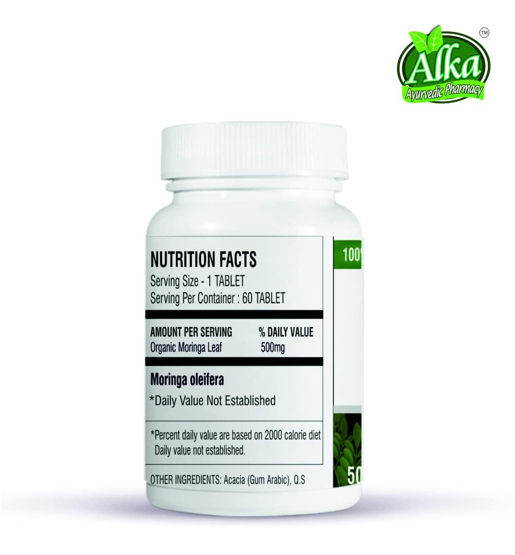 ALKA AYURVEDIC PHARMACY Alka Ayurvedic Pharmacy Organic Moringa Tablet -500 mg, Natural Nervous System, Natural Vitamins & Immune Support (60 Tablets)