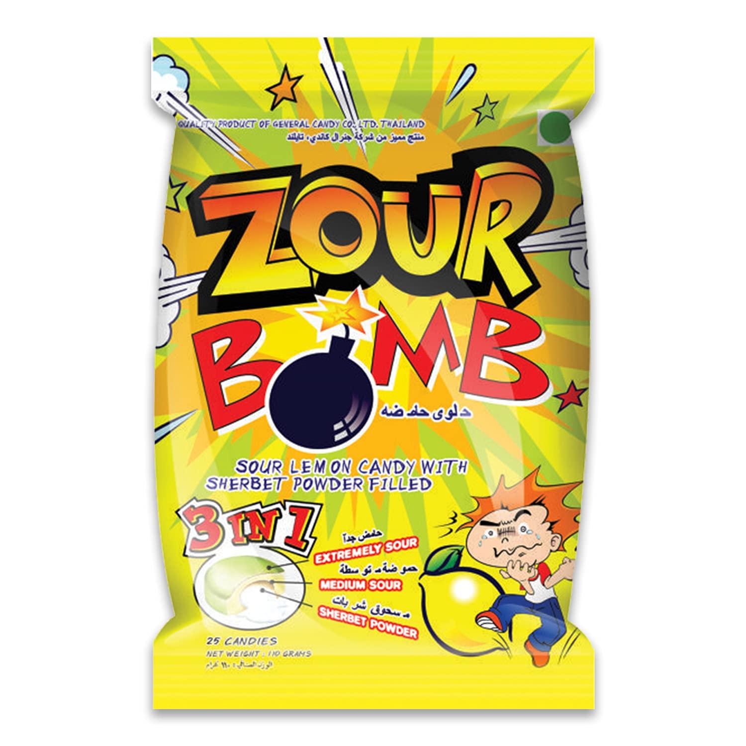 Zour Bomb Zour Bomb Lemon - Pack Of 3 (110 Gram Each), Sour Candy In Lemon Flavor Combo Pack, Product Of Thailand || Share With Friends & Family