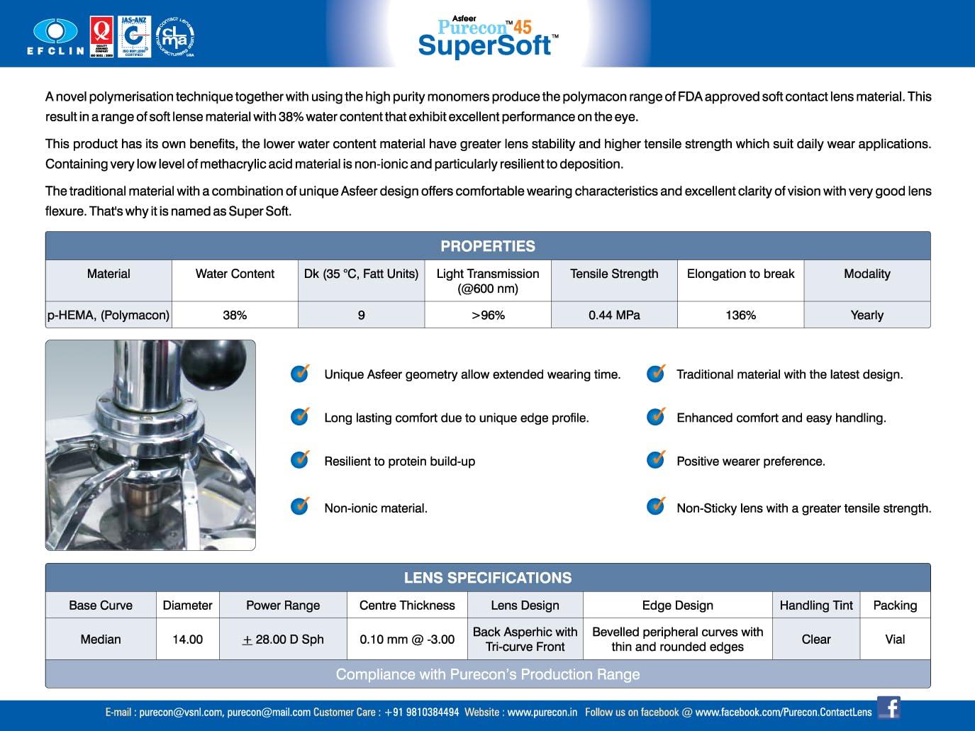 PURECON Purecon SuperSoft 45 Yearly Disposable Contact Lenses for eyes (2 Lenses/Box) (-5.50, 8.60, 14.00, 2), with Complementary Welcome Kit