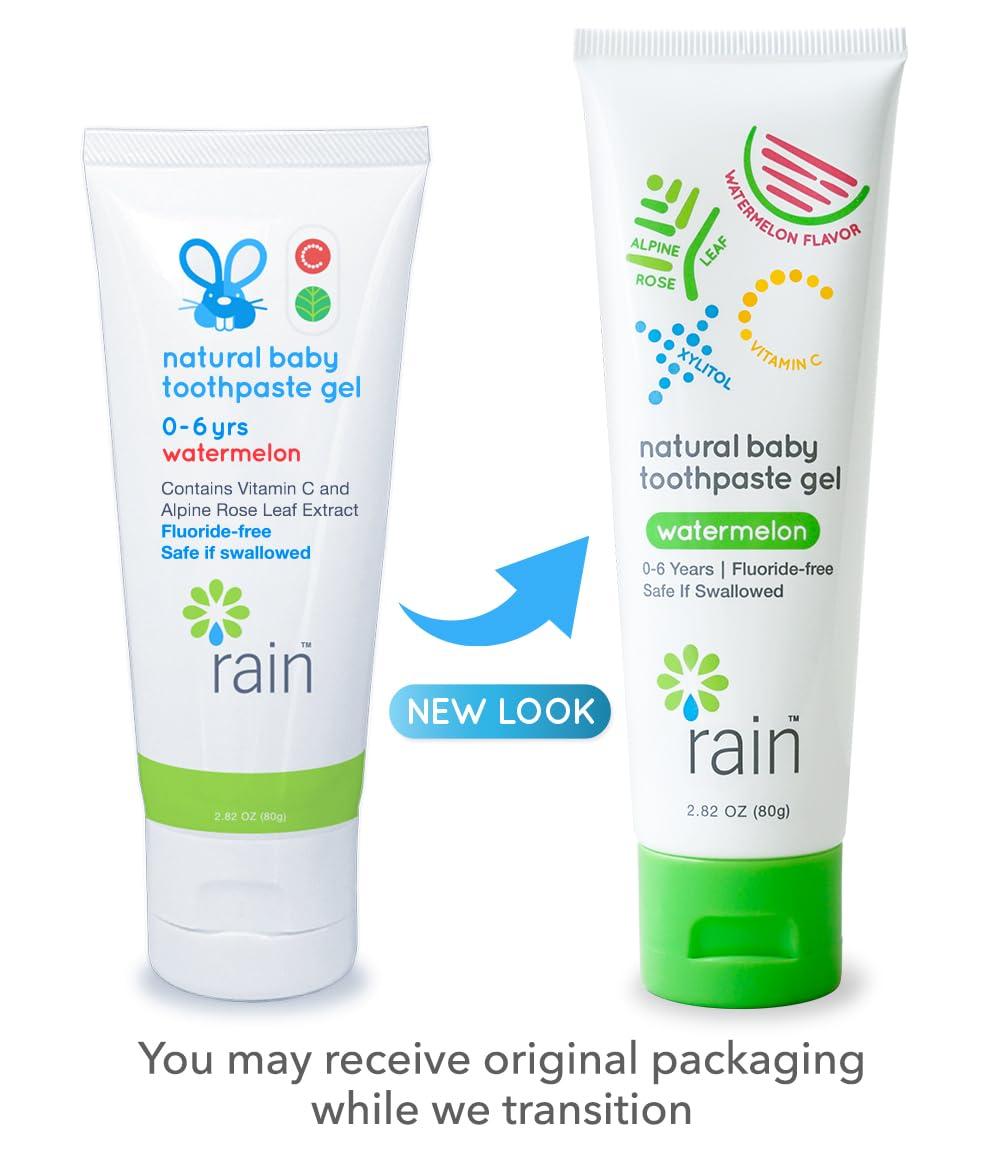 Rain Natural Products Rain Natural Baby Fluoride Free Kids Toothpaste Gel - Non Toxic Safe to Swallow Infant Toddler Tooth Paste, 2.8 Oz, Babies Training, Ages 6 to 12 months and Up Vitamin C Watermelon Toothpaste for Kids