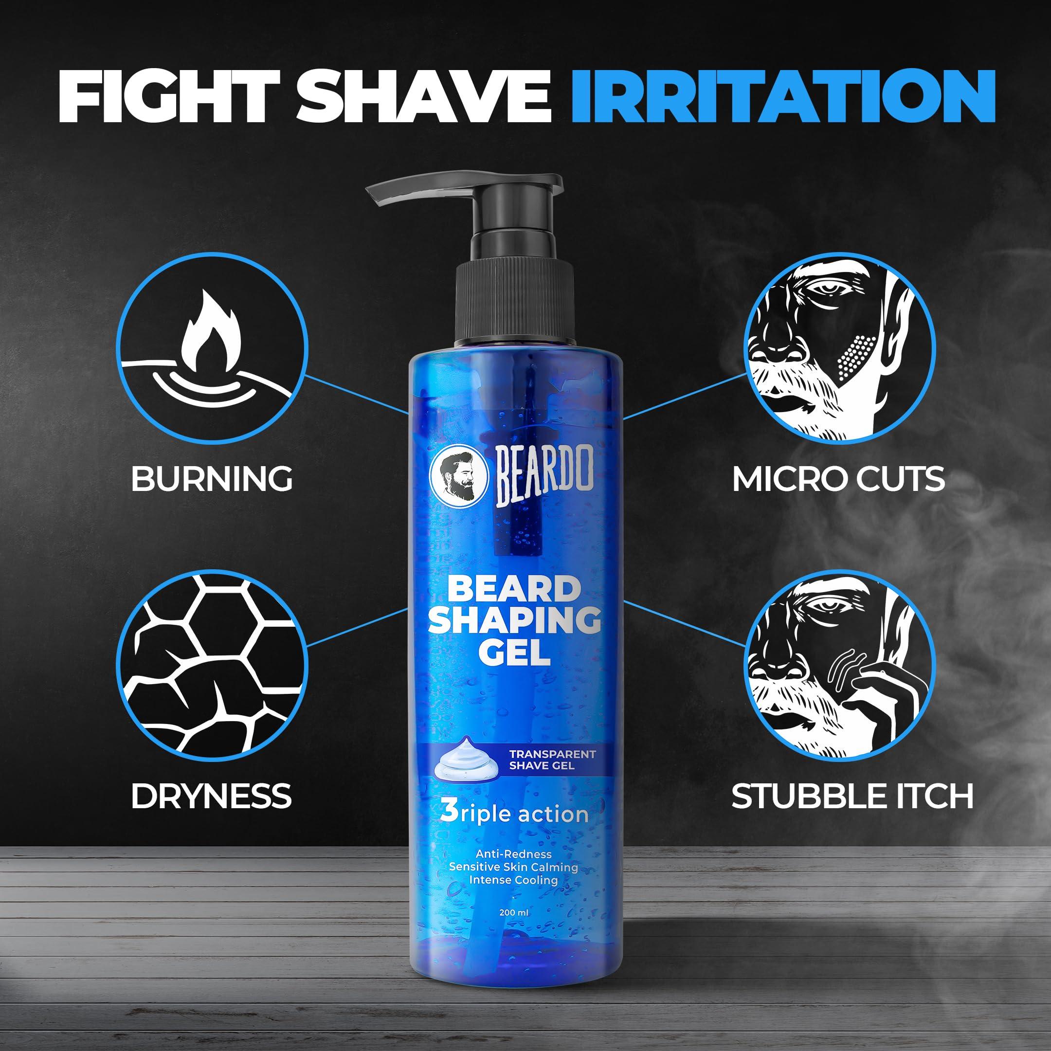 BEARDO Beardo Beard Shaping Gel, 200ml | 3riple Action Transparent Shaving Gel for Men | Shaving gel with Anti-Redness, Calming, Intense Cooling | Suitable for Sensitive Skin