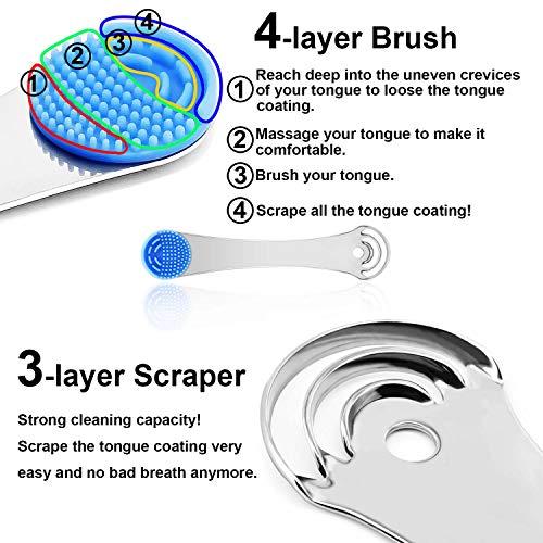 Moosec Tongue Scraper Cleaner for Reducing Bad Breath, Stainless Steel Tounge Cleaner with 2 Replaceable Tongue Brush