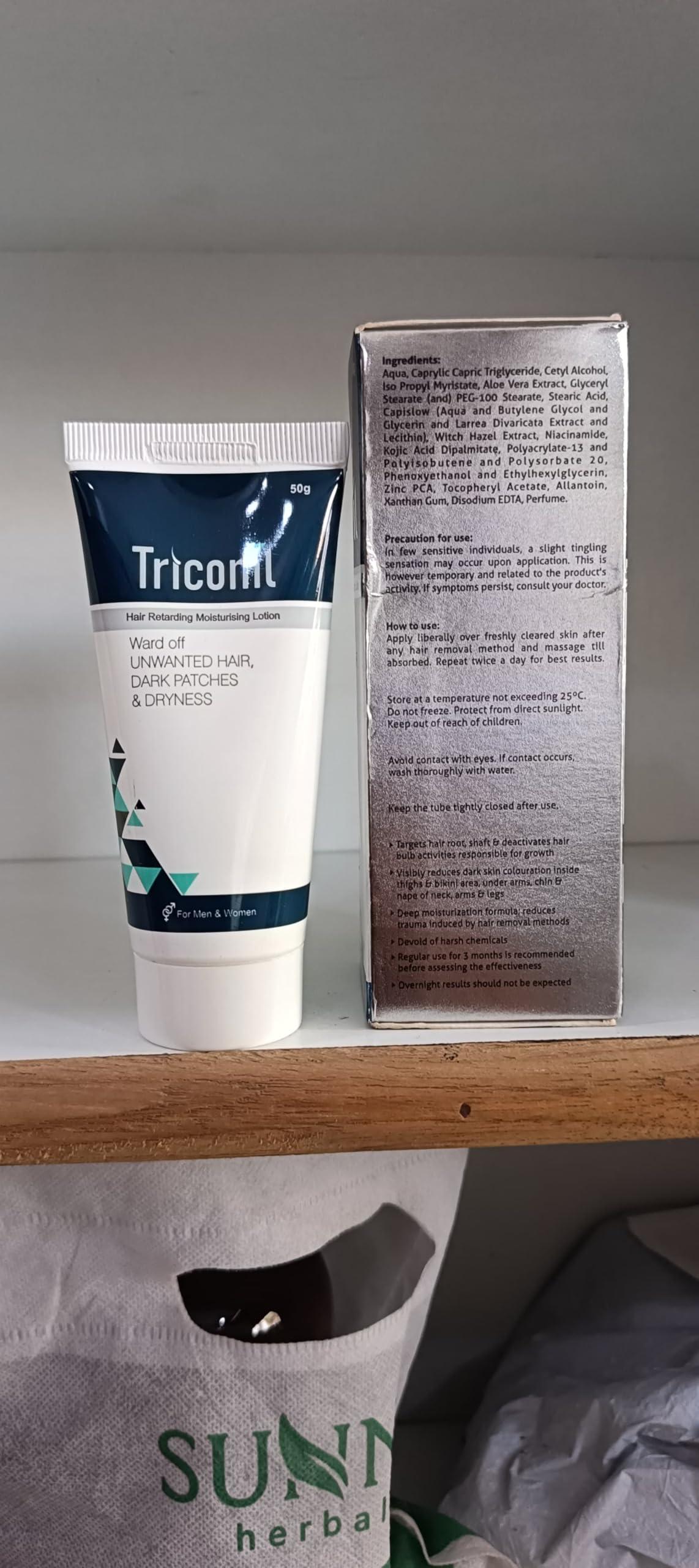 VELITE HEALTHCARE Triconil Unisex Adult Hair Retarding Moisturizing Lotion (50 Gm) | For Reducing Facial Hair And unwanted Hair other Body Parts|