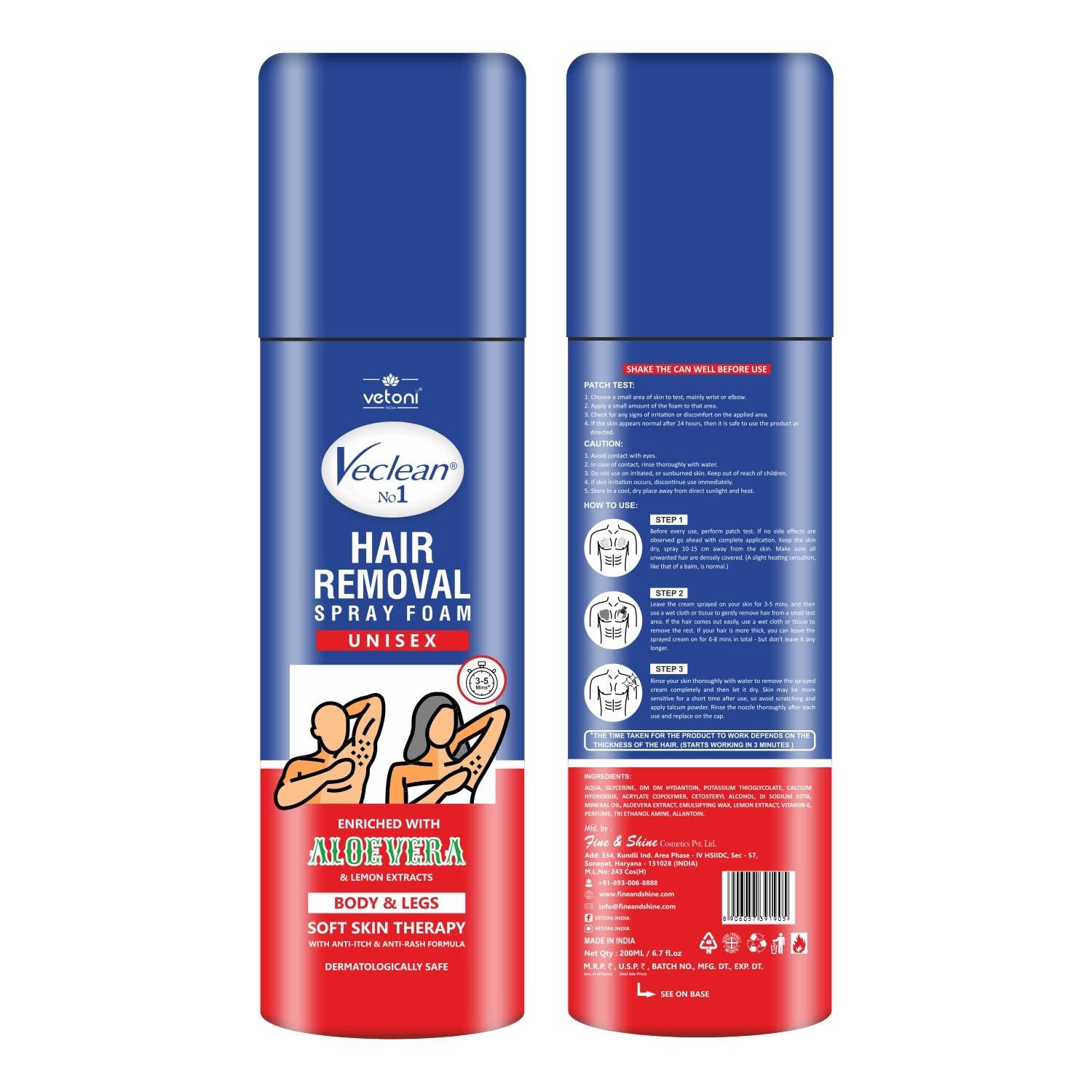 Vetoni Vetoni Veclean Hair Removal Spray Foam, 200ml x 2, for Men & Women, 3 Mins Formula, Painless, Enriched with Aloe Vera & Lemon, for Chest, Back, Legs & Underarms