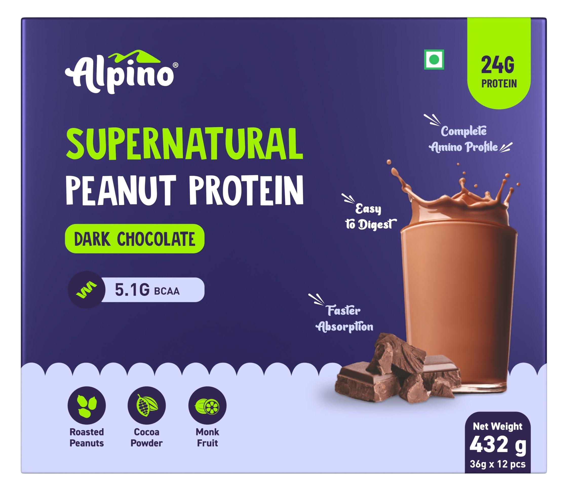 Alpino Alpino Supernatural Peanut Protein Powder Dark Chocolate 432g (12 Day Trial Pack) - 100% Plant-Based, High-Performance Protein - 24g Protein, 5.1g BCAAs, No Added Sugar, Gluten-Free