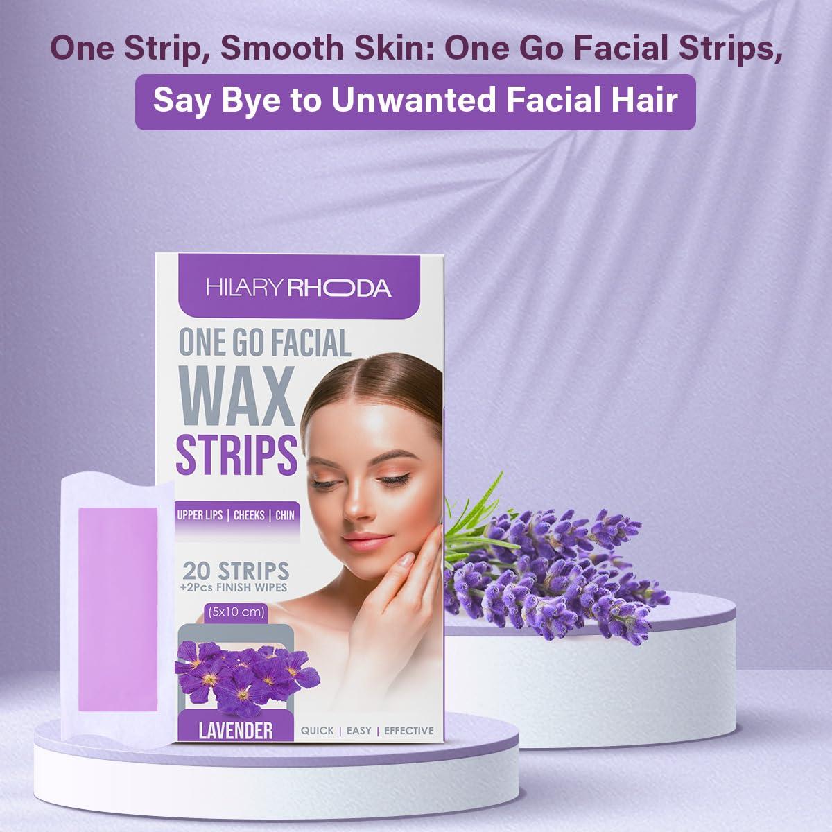Hilary Rhoda Hilary Rhoda One Go Facial Wax Strips | Ready-To-Use Facial Wax Strips | Face, Cheek, Upper Lip & Chin Facial Wax | Painless Hair Removal | With 2 Finish Wipes | 20 Strips (Lavender)