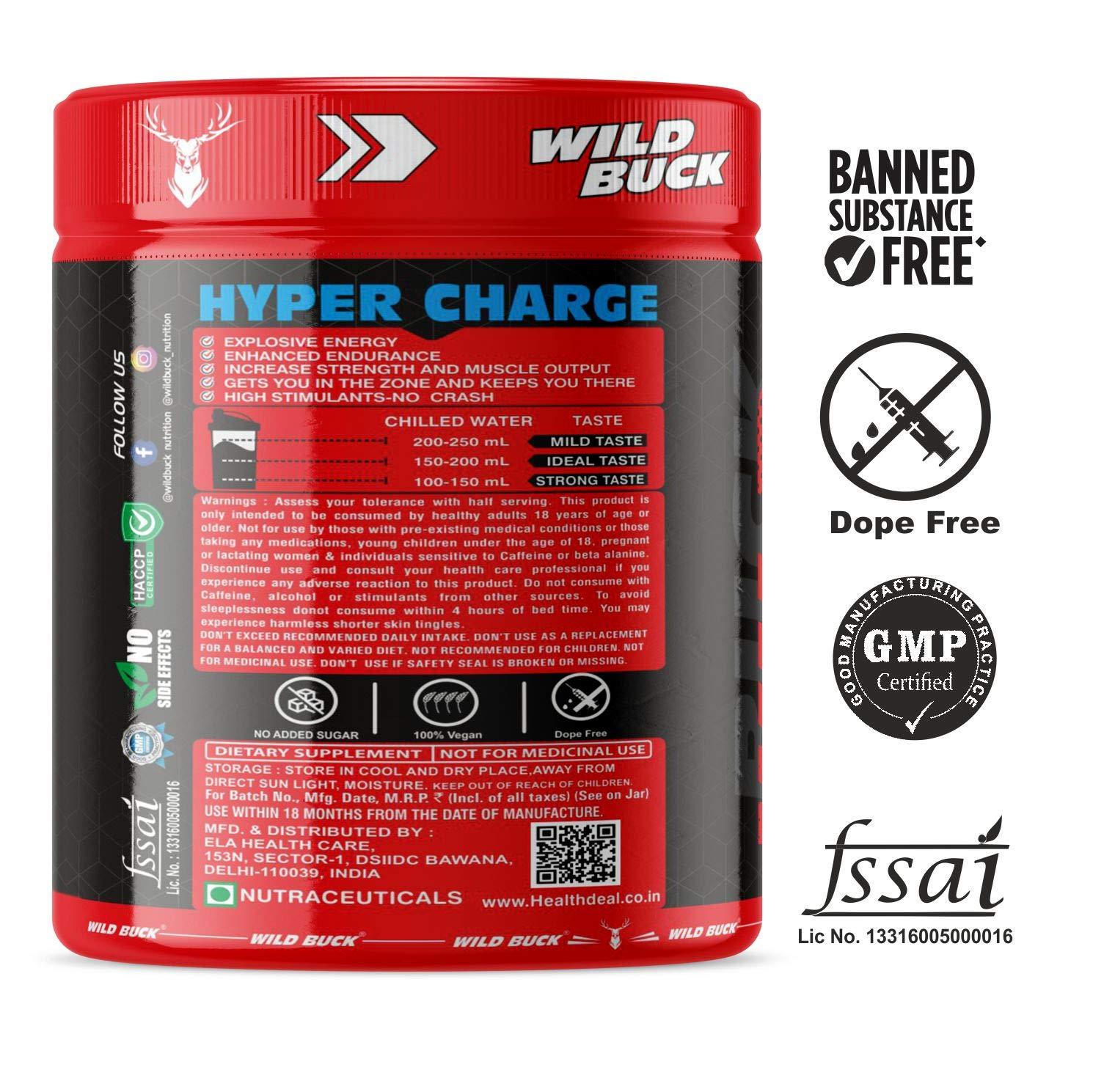 WILD BUCK WILD BUCK Hyper Charge Pre-X4 Hardcore Pre-Workout Supplement with Creatine Monohydrate, Arginine AAKG, Beta-Alanine, Explosive Muscle Pump -For Men & Women [40 Servings, Cranberry Blast] Free Shaker