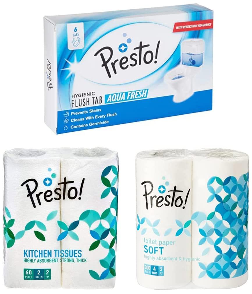 Presto! Presto! 3 Ply Toilet Paper Tissue Roll - 4 Rolls (300 Sheets Per Roll) & 2 Ply Kitchen Tissue/Towel Paper Roll - 2 Rolls & Amazon Brand - Presto! Hygienic Flush Tabs, Aqua Fresh - 50 g (Pack of 6)