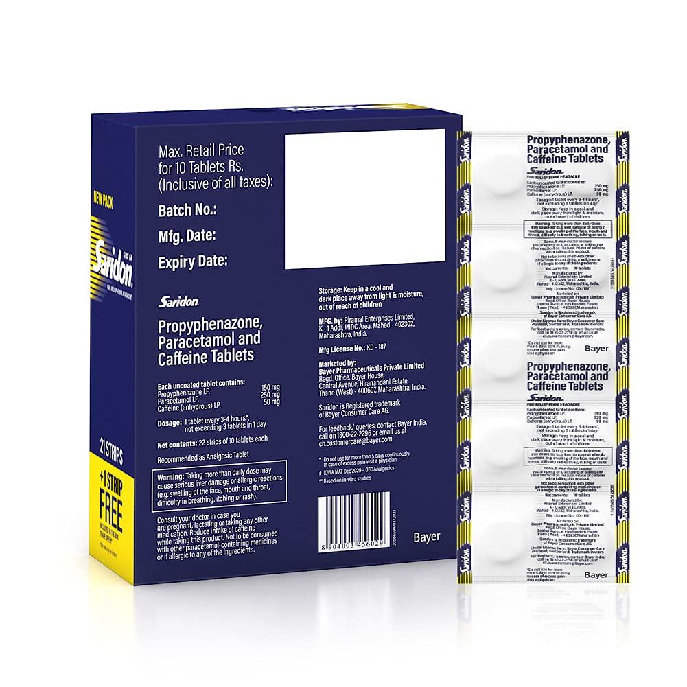 Saridon Saridon Quick Relief Tablets, Pack of 10 Strips of 10 Tablets, 100 Tablets, White