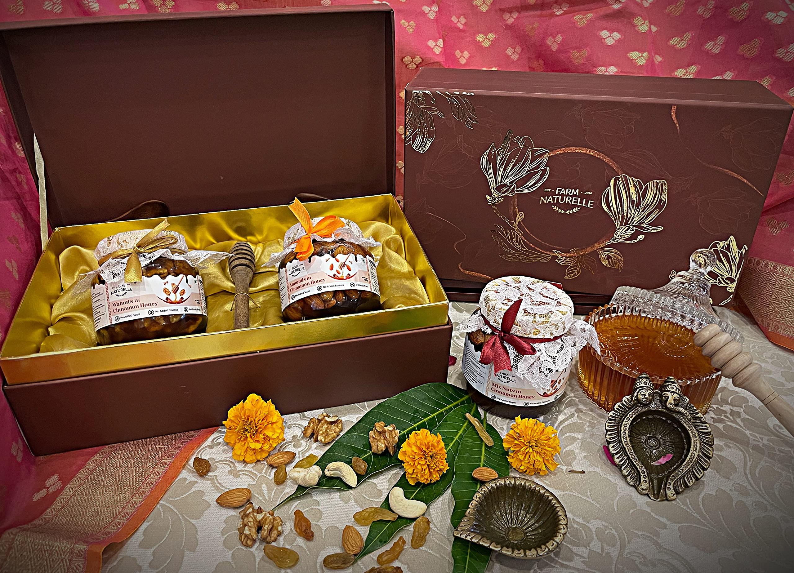 Farm Naturelle Farm Naturals - Stunningly Beautiful Brown Color Diwali Gift Box 400gmx2 Nuts Honey Varieties
