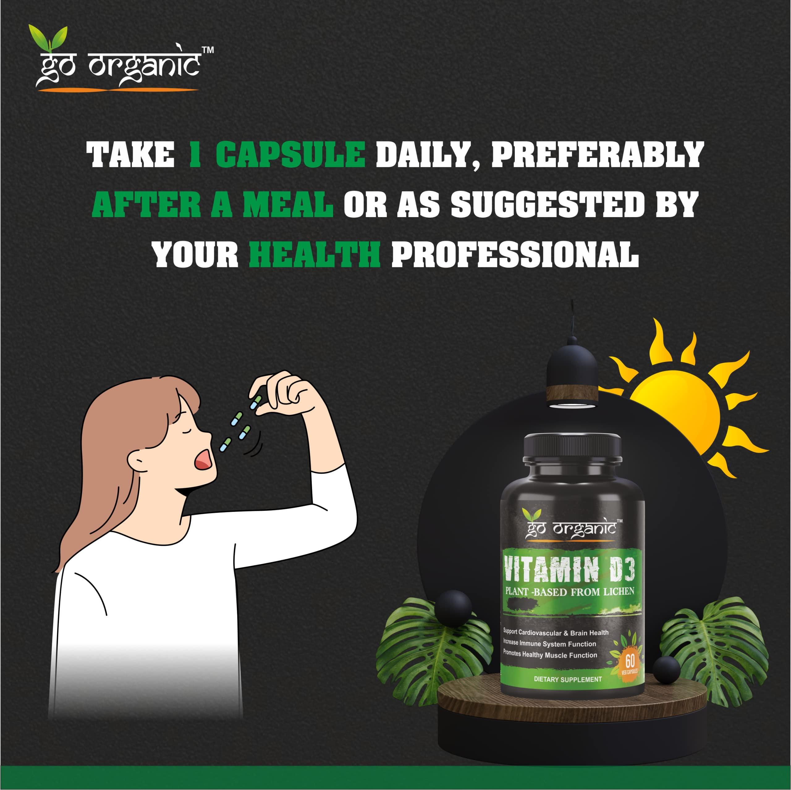 Go Organic Go Organic Vitamin D3 Plant Based from Lichen - Natural D3 Supplement for Immune System, Bone Support, Joint Health - Vegan - Non-GMO - Gluten Free 60 Cap.