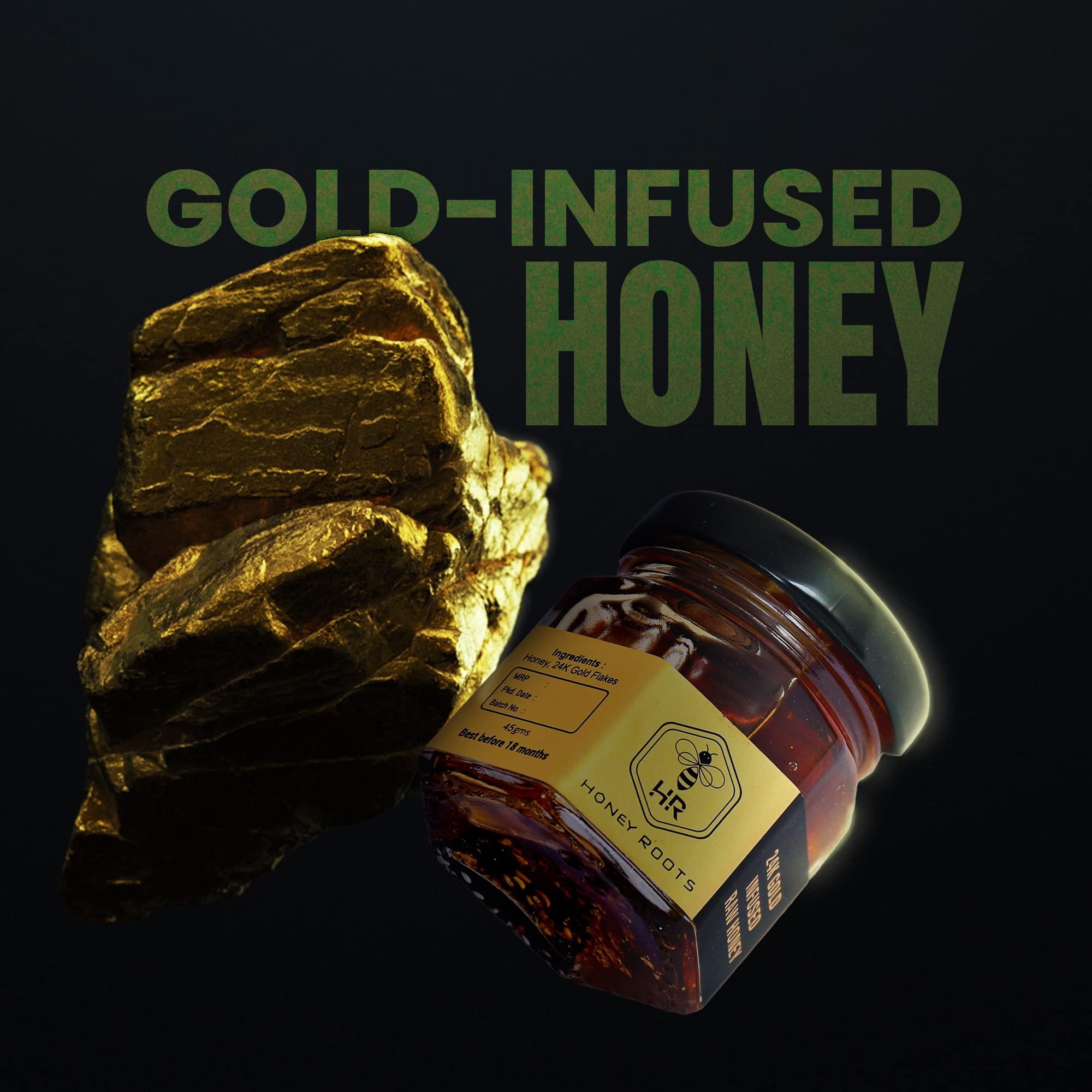HRHONEYROOTS HR HONEY ROOTS Natural Raw Unprocessed Honey Infused with 24k Gold Flakes - 45gm of Pure Bliss and Exquisite Taste