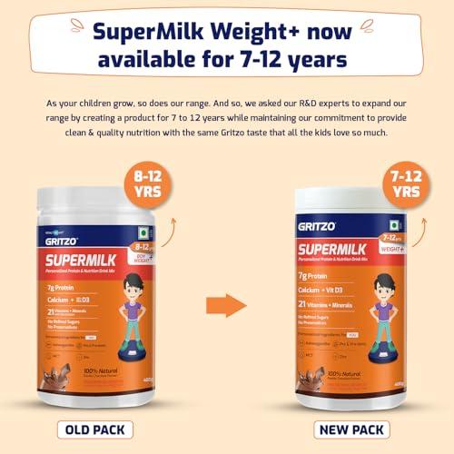 Gritzo Gritzo SuperMilk Weight+ (7-12y), 7g Protein Powder (Double Chocolate, 400g) | Zero Refined Sugar, 21 Vitamins & Minerals