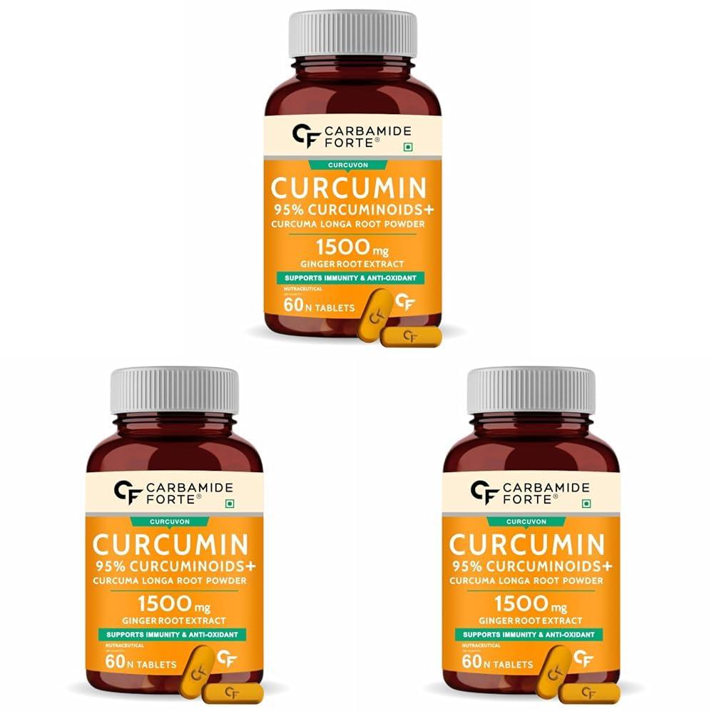 Carbamide Forte Carbamide Forte Curcumin Tablets with Piperine Tablets with 95% Curcuminoids |Anti inflammatory Supplement for Adults with Curcuma Longa, Turmeric Powder & Ginger 60 Veg Tablets (Pack of 3)