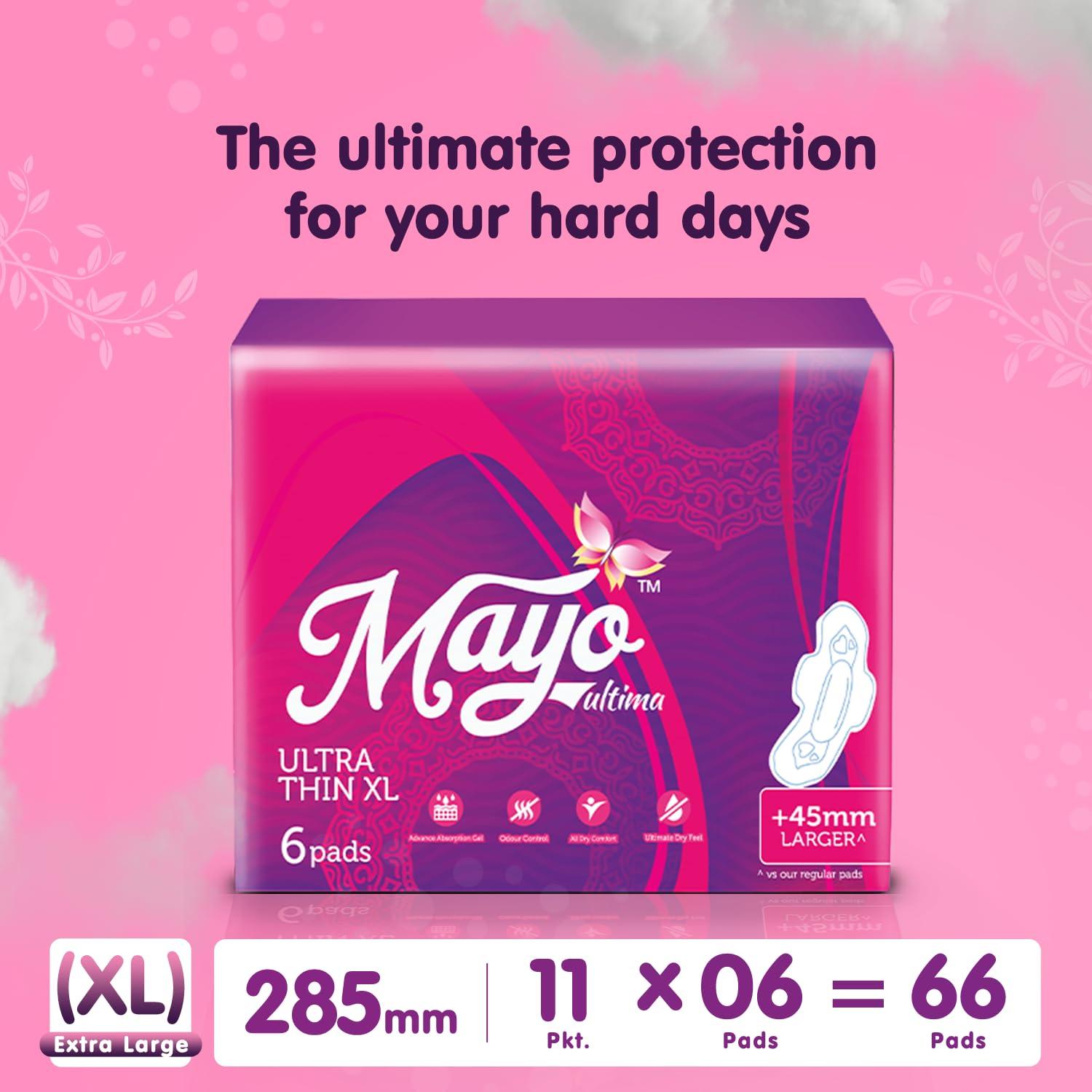 MAYO ULTIMA MAYO ULTIMA Ultra-Thin Sanitary Pads for Women/Girls - 66 Pads XL size | Heavy Flow Pads for Women | Leak Proof Sanitary Absorption Pads