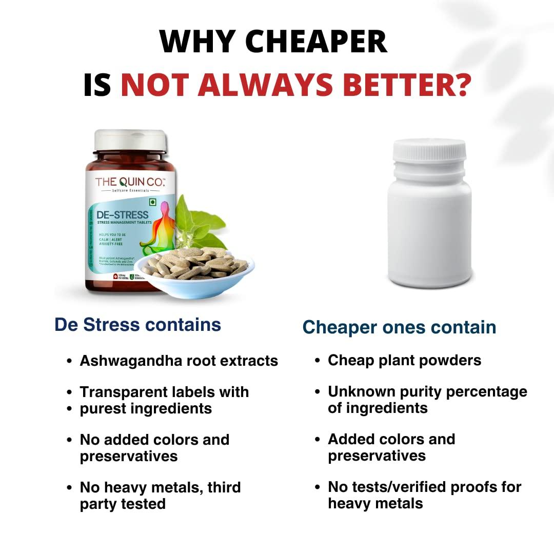 The Quin Co. The Quin Co. \'De-Stress\' - New Age Ashwagandha tablets with Nootropics | 5% Withanolides | Stress Relief & Anxiety | -1200 MG/Serving | Plant Based - 60 Veg tablets