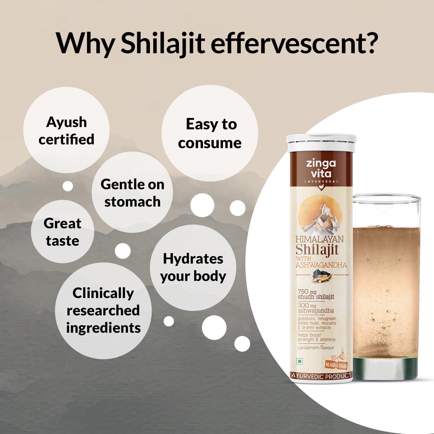 Zingavita Zingavita Himalayan Shilajit Original (750mg) Effervescent Tablets, With Ashwagandha, Gokshura & Safed Musli for Strength, Performance & Muscle recovery, Cardamom Flavour | Ayush Approved | Pack of 1