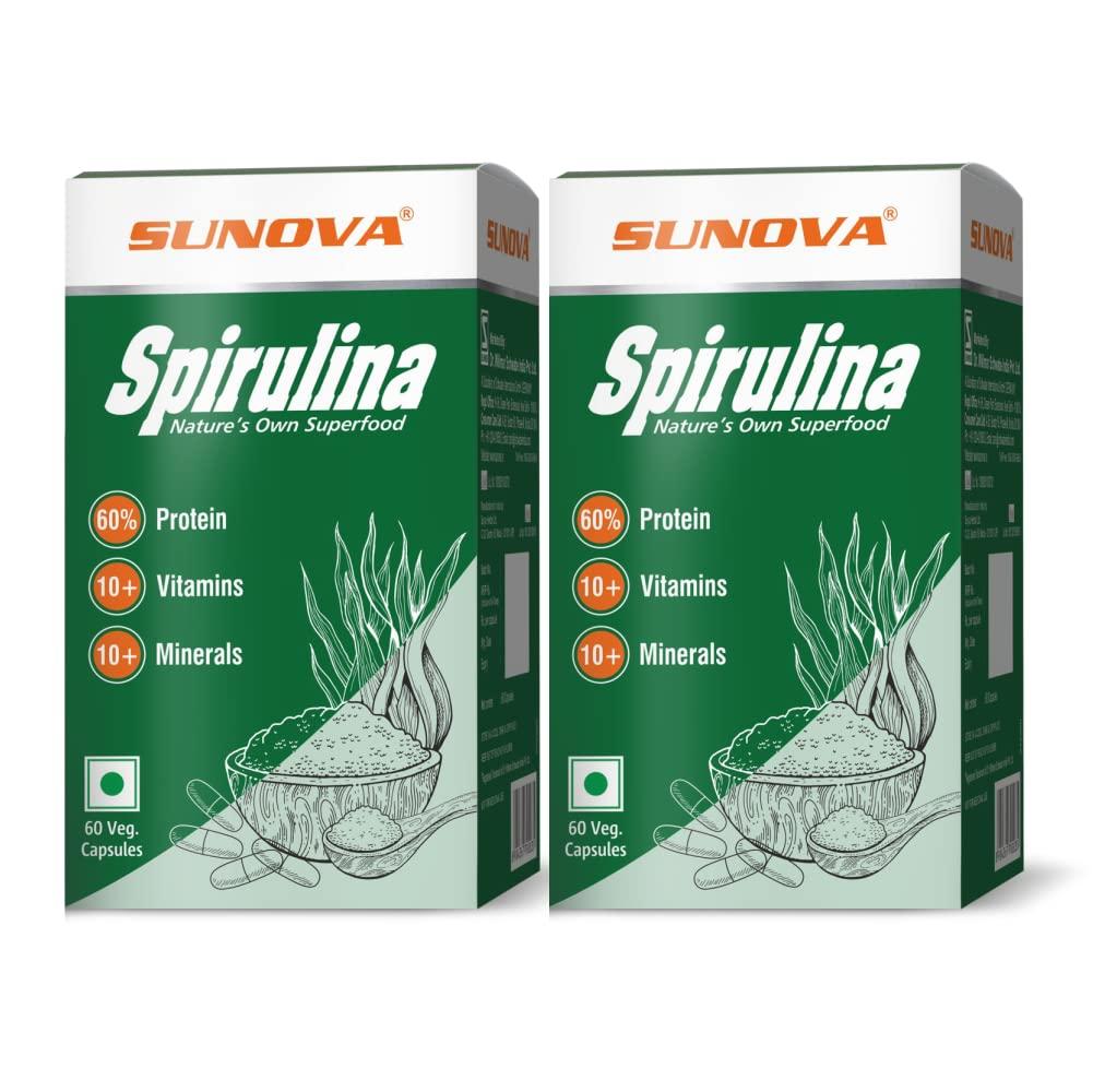 SUNOVA SUNOVA Spirulina Capsules - Natures Own Superfood and Nutritional Supplement, full of Protein,Vitamins & Minerals 60 Capsules (Pack of 2)