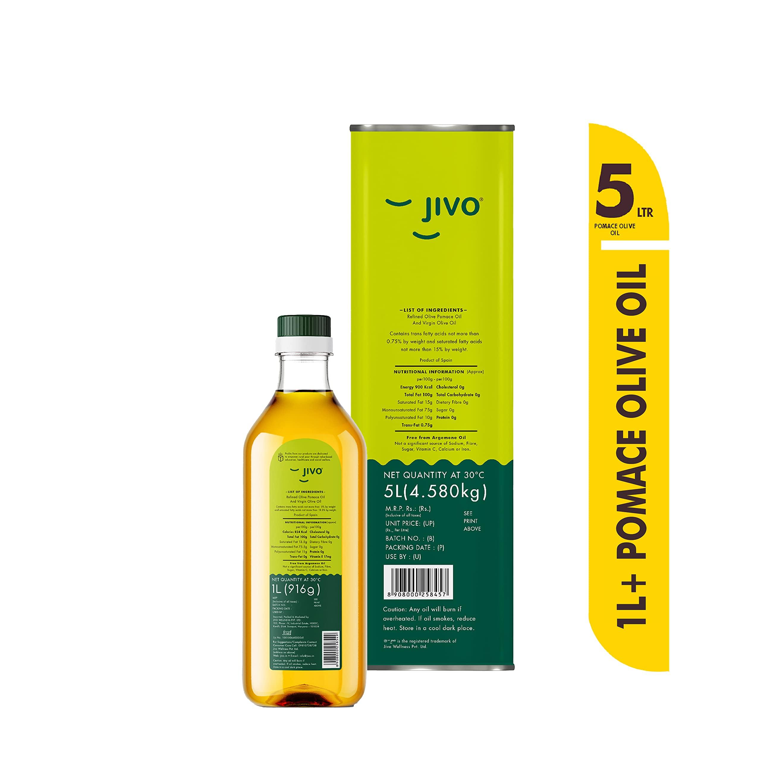 JIVO Jivo Pomace Cooking Olive Oil Pack of 6 Litres (5L Tin with 1L Pet Bottle) | Ideal for Roasting, Frying, Baking All type of Cuisines| Healthy Cooking Oil for Daily use |
