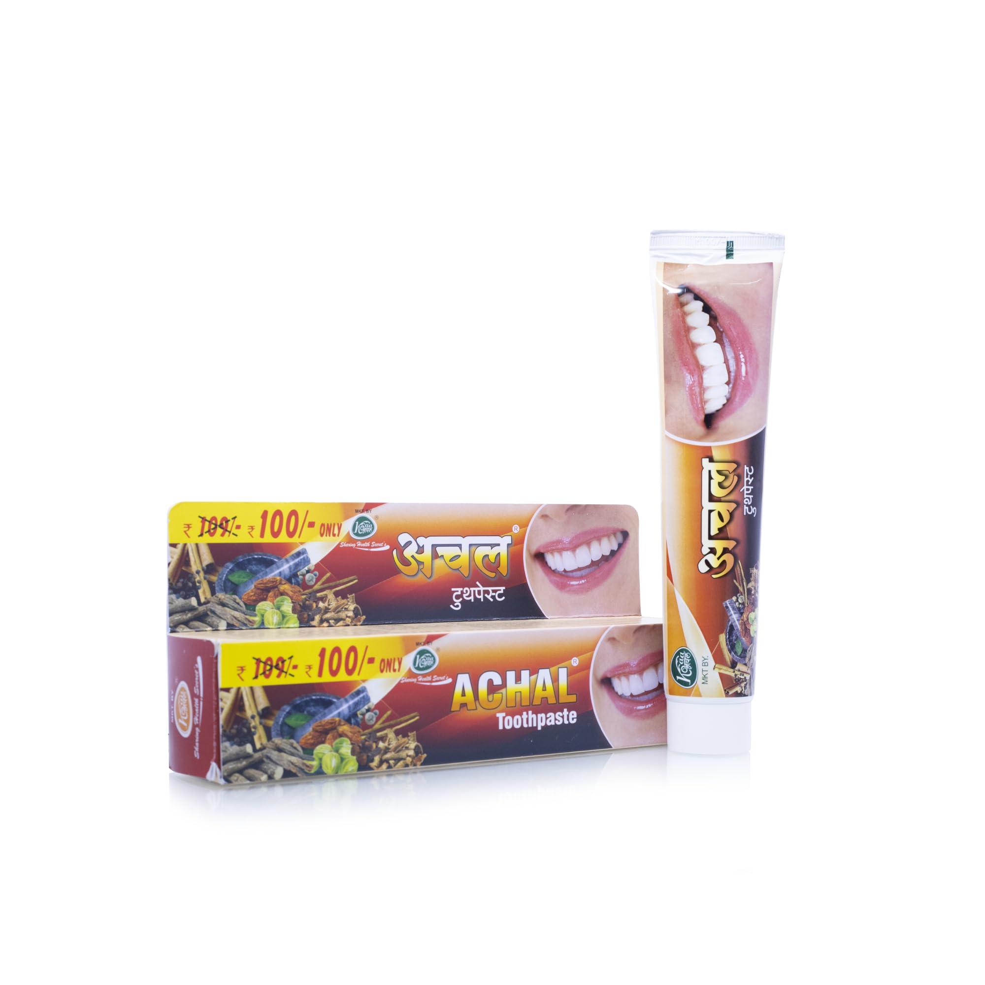 Achal Achal Dant Manjan 80 GM + Achal Toothpaste (2 x 175 GM)- (Combo of 3), Ayurvedic Dental Toothpaste and Tooth powder for Strong Teeth, Fresh Breath & Whitening, For Kids & Adults