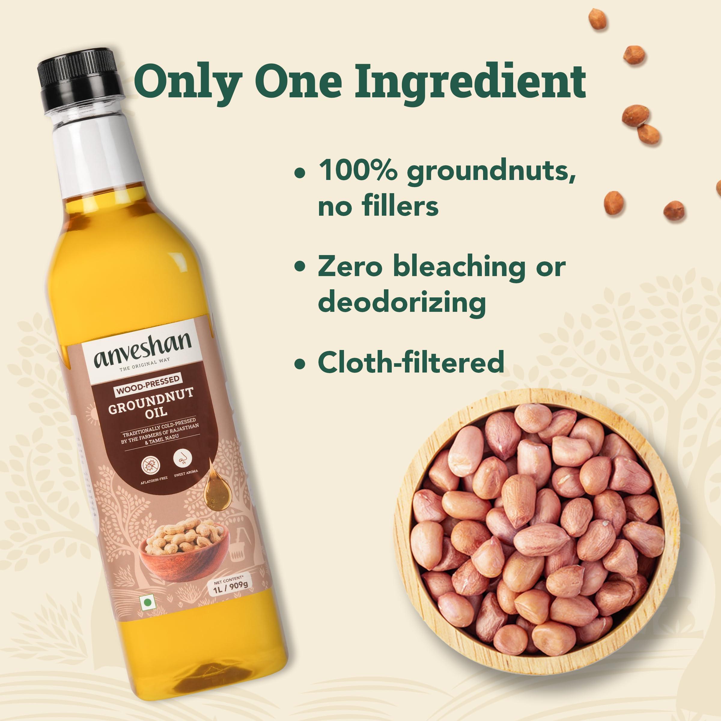 Anveshan Empowering farmers with technology Anveshan Wood Pressed Groundnut Peanuts Oil 1 Litre | Plastic Bottle | Kolhu/Kacchi Ghani/Chekku/Ganuga | Peanut Oil | Natural | Chemical-Free | Cold Pressed Groundnut Oil for Cooking