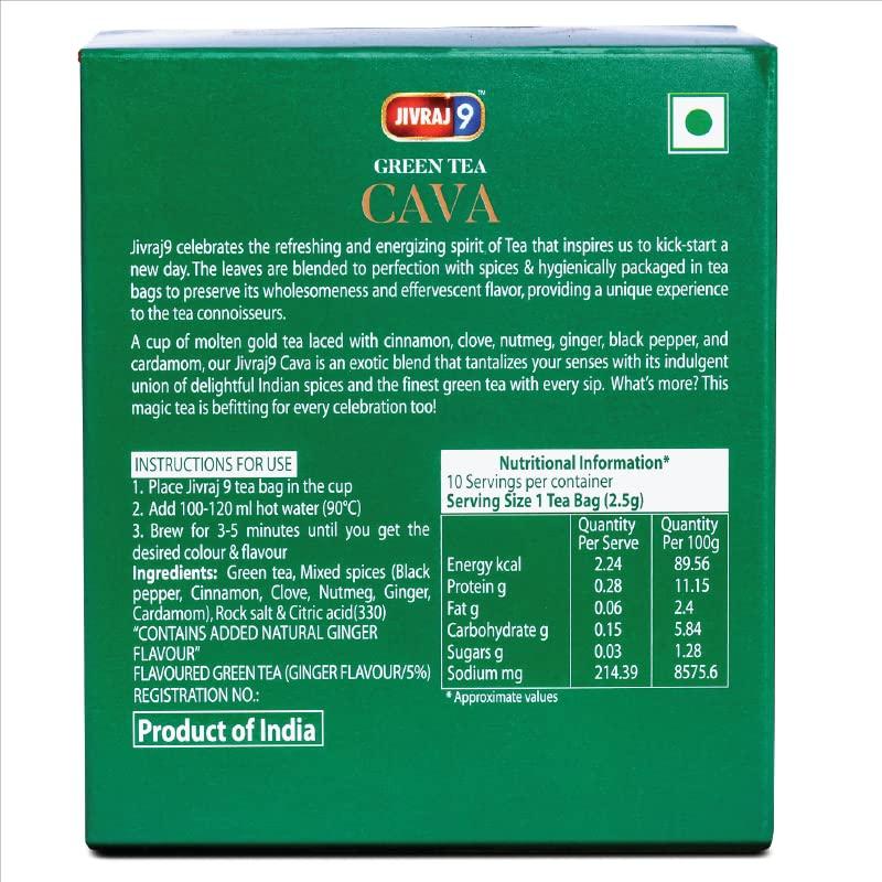 Jivraj 9 Jivraj 9 Cava Green Tea Bags | Kahwa Green Tea Bags | Herbs Like Cinnamon, Clove, Nutmeg, Ginger, Black Pepper and Cardamom | Immunity Boosting & Antioxidants Properties (10 Servings)