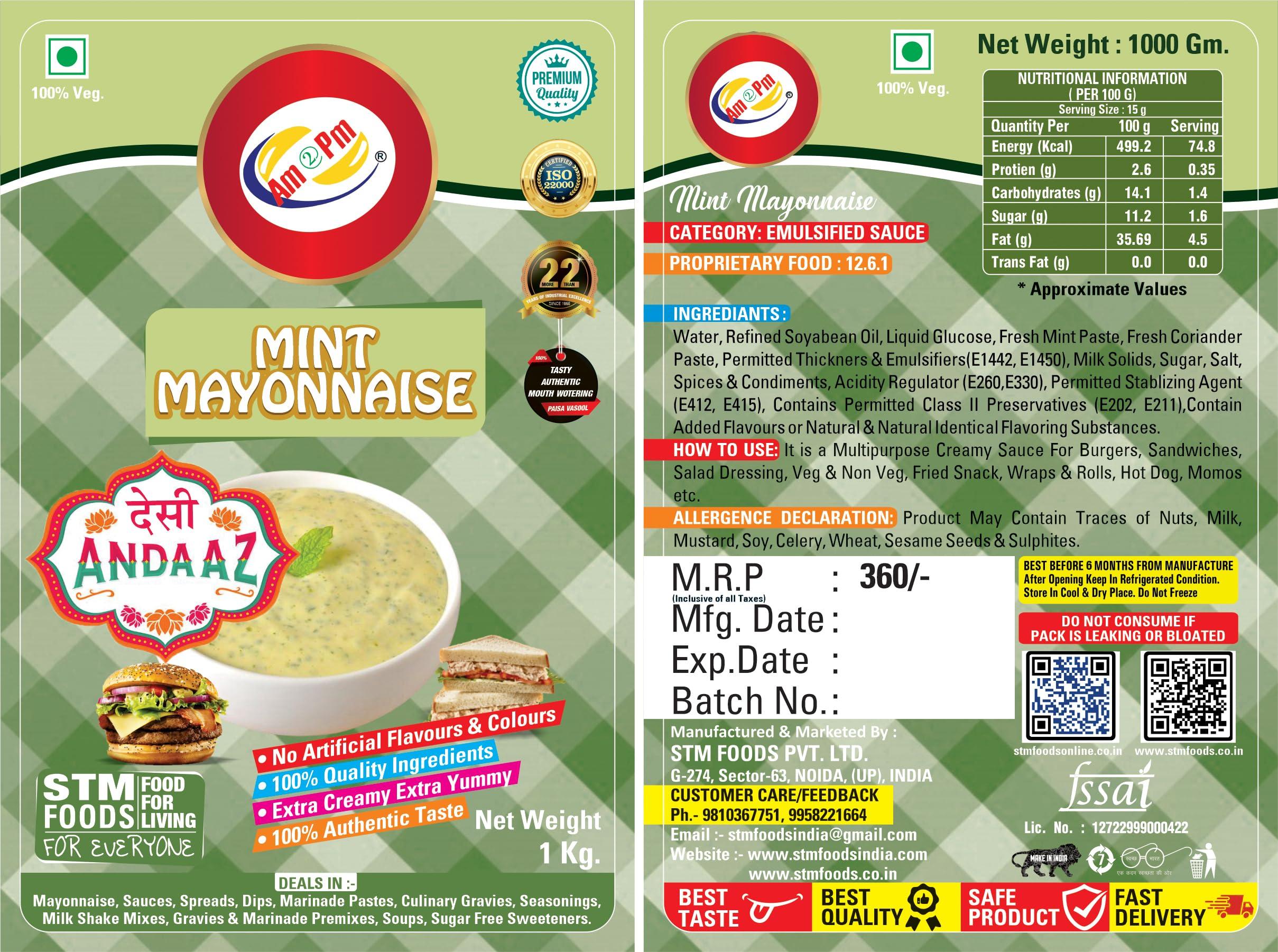 Am 2 Pm Am 2 Pm - Mint Mayonnaise Multipurpose Creamy Sauce For Burgers, Sandwiches Salad Dressing,Veg Non Veg Fried Snack Wraps & Rolls Hot Dog Momos - 1Kg