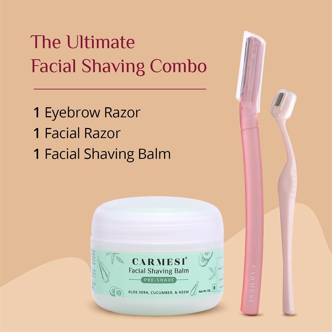 Carmesi Carmesi Women\'s Face Hair Removal Combo | 1 Face Razor, 1 Eyebrow Razor, 1 Facial Shaving Balm | Instant & Painless Hair Removal | For Eyebrows, Upper Lip, Forehead, Peach Fuzz, Chin and Sideburns