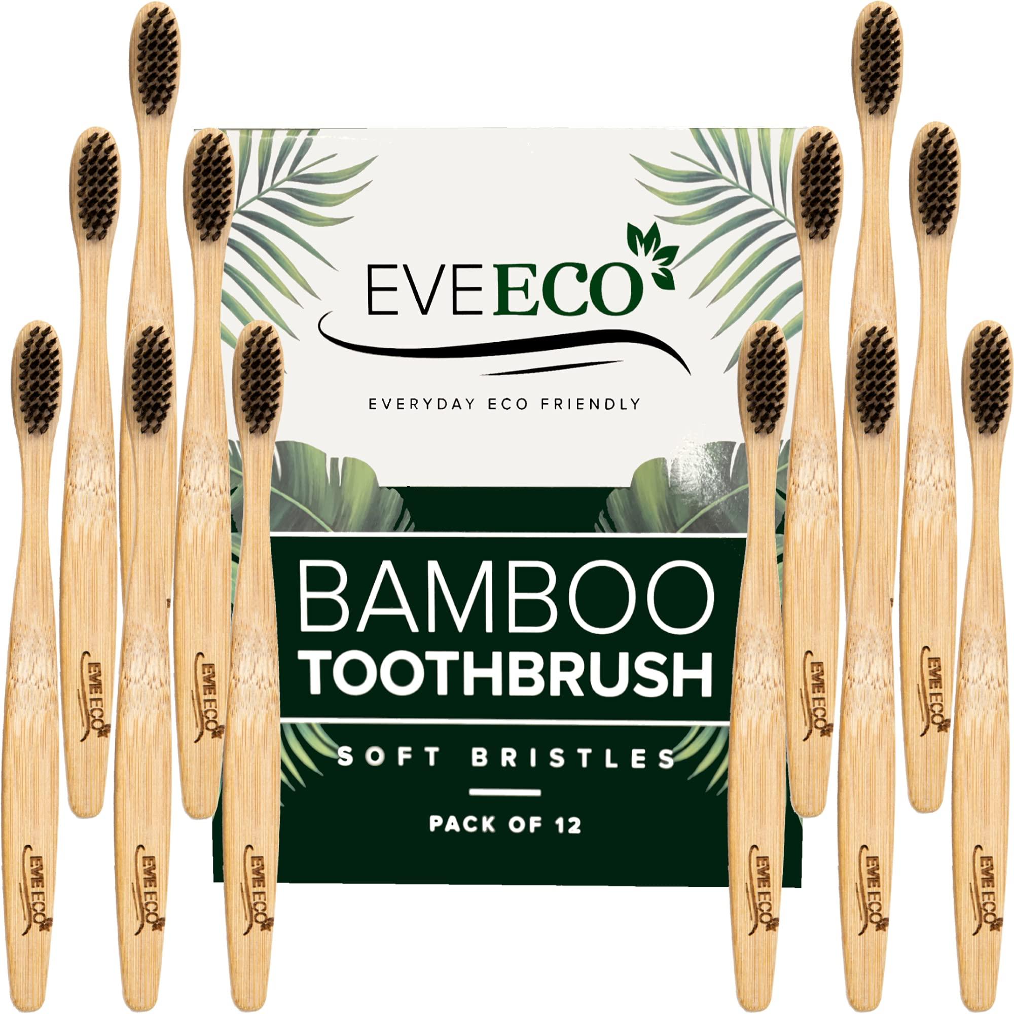 EveEco 12 Pack I Bamboo Toothbrush I Soft Bristles Best For Sensitive Gums I Charcoal I Vegan I Natural Wood I BPA Fee I Recyclable I Compostable I Biodegradable | Environmentally Friendly | By EveEco