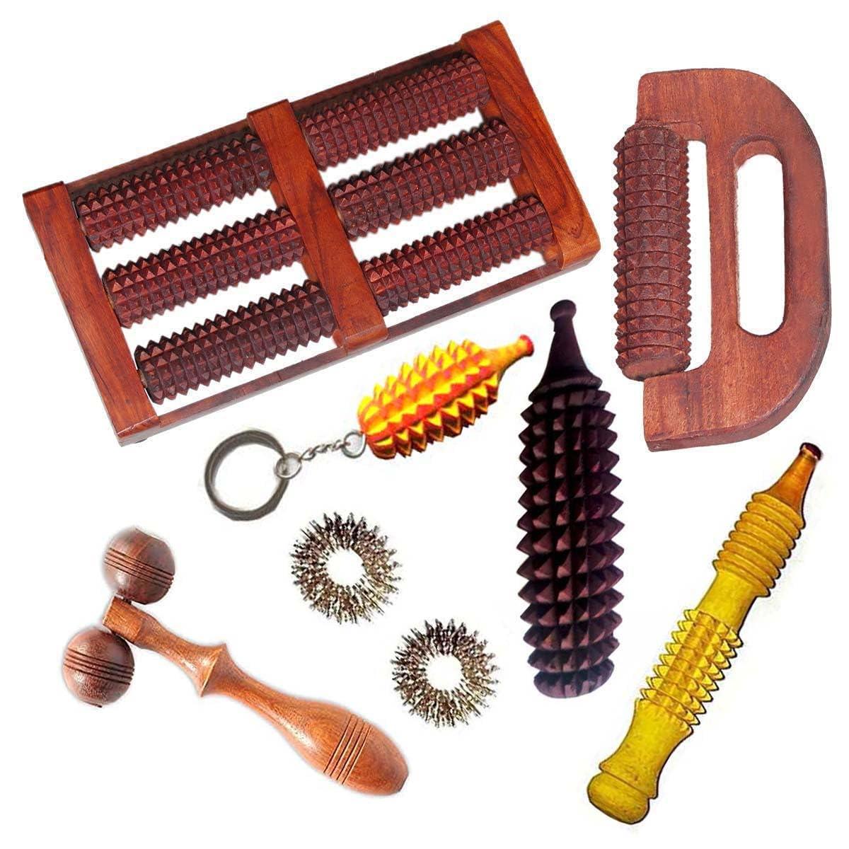 Iwud Iwud Wooden Foot Roller Massager, Handle Manual Massager, Face and Neck Massager, Jimmy Massager, Ball Massager Acupressure Ball Massager Pain Relief Combo Kit, Set of 8