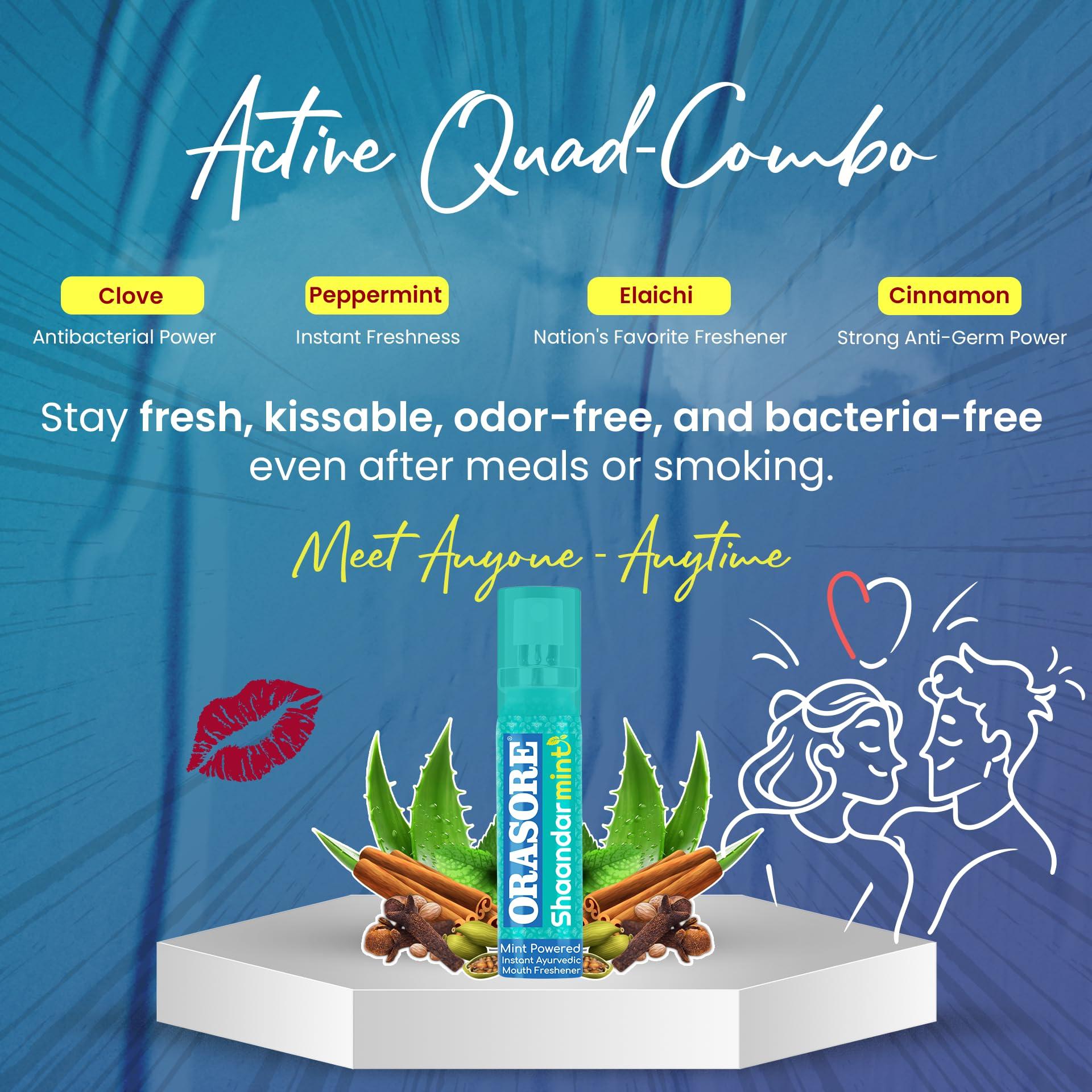 ORASORE Shaandar Mint Instant Mouth Freshener Spray by Orasore | Pudina, Aloe Vera, Peppermint, Cinnamon, Clove & Elaichi | Amazing Cool Breath Freshening with Zero Calories & Anti Bacterial Protection | 15g Pack