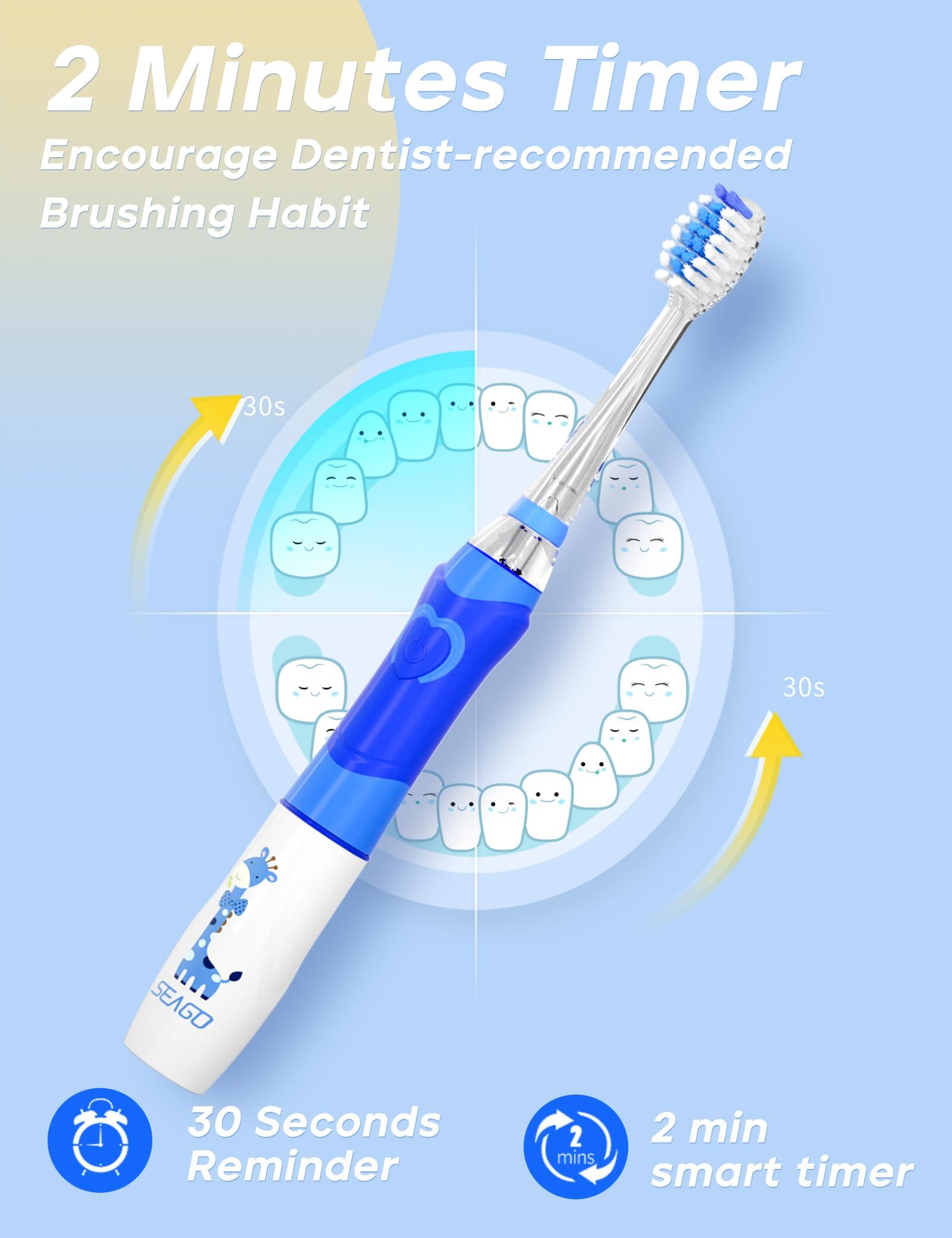 seago Seago Kids Electric Toothbrush, Sonic Battery Power Toothbrushes Toddler Electric Toothbrush with 8 Replacement Brush Heads, Rainbow LED Light for Junior Boys and Girls Ages 3+